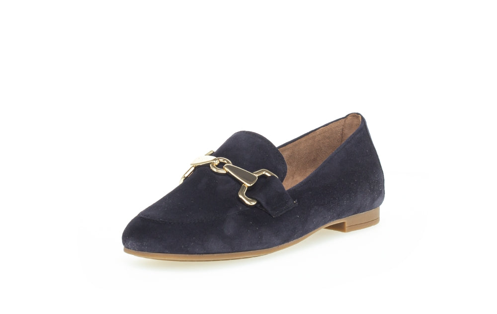 Gabor Navy Suede Loafers for Women with Gold Buckle - Classic Comfortable Slip-On Shoes for Work, Office & Casual Wear (Style 21136)