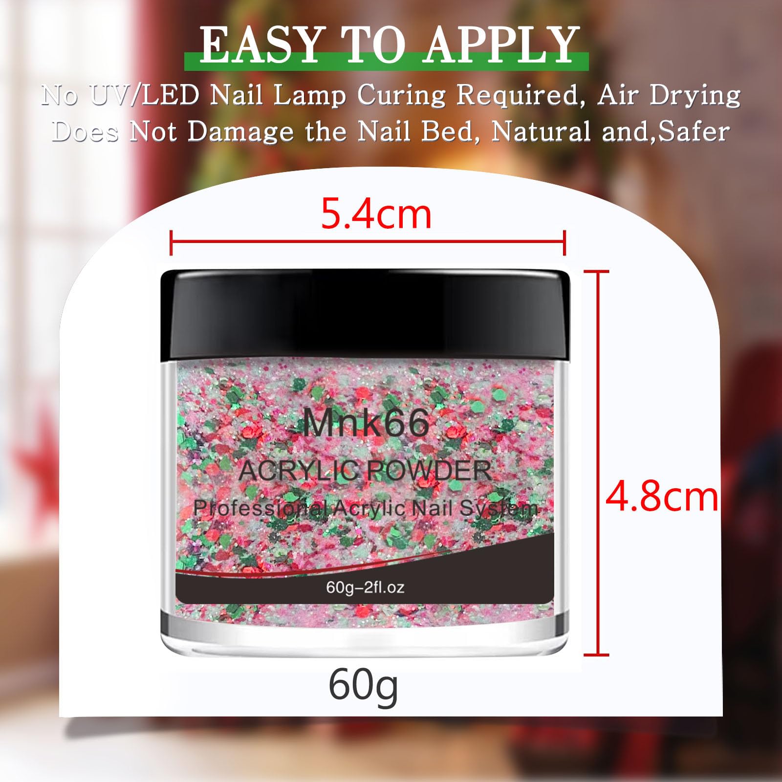 Professional Red & Green Christmas Glitter Acrylic Powder for Nail Extensions, French Nail Art, 3D Flowers & Nail Carving - 60g (YSHUJF012) | Perfect for Holiday Parties, Bridal Nails & DIY Manicures