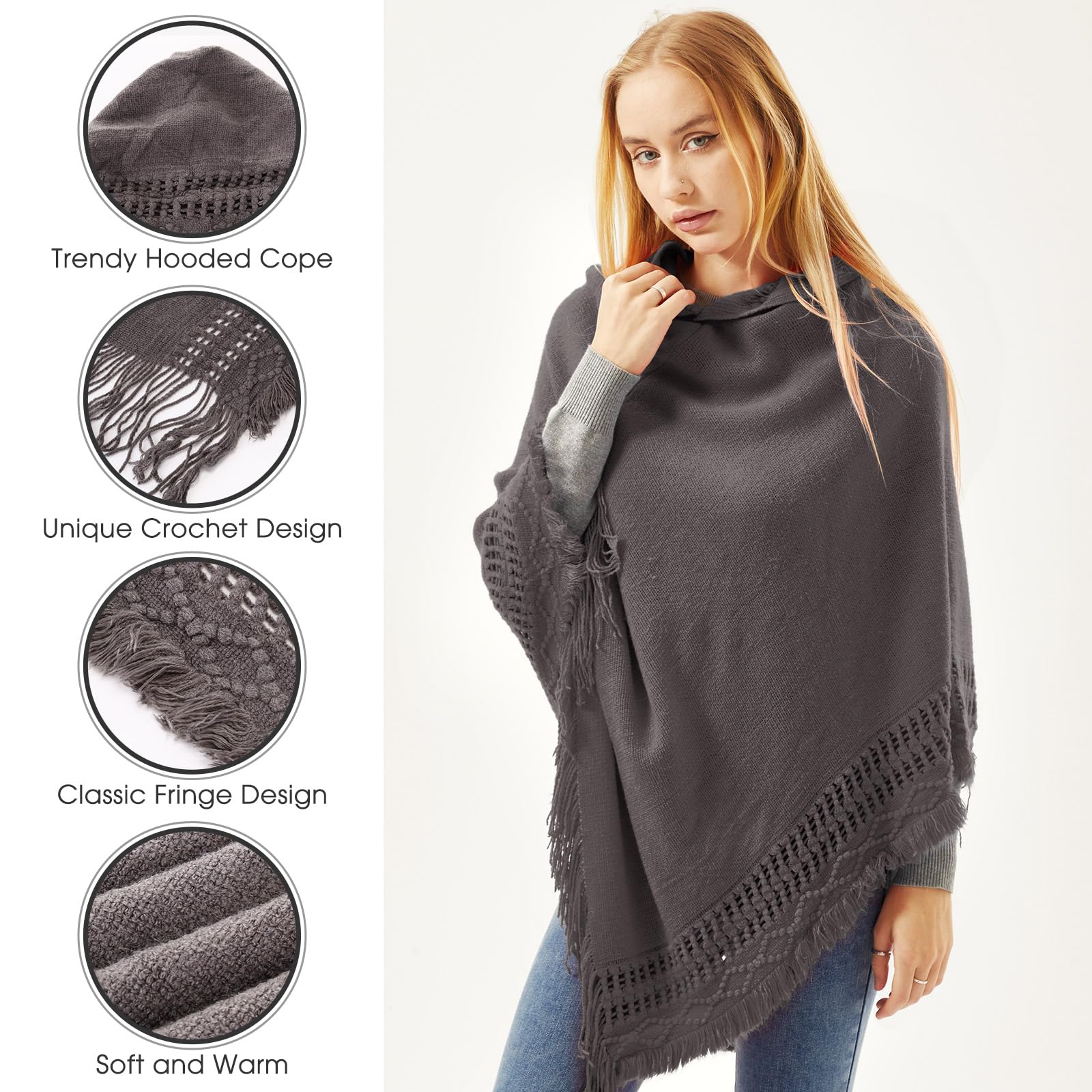 Liitrsh 2-Pack Women's Knitted Hooded Cape Poncho Sweaters with Fringed Hem - Cozy Crochet Pullover for Fall Fashion, Outdoor Activities & Casual Wear