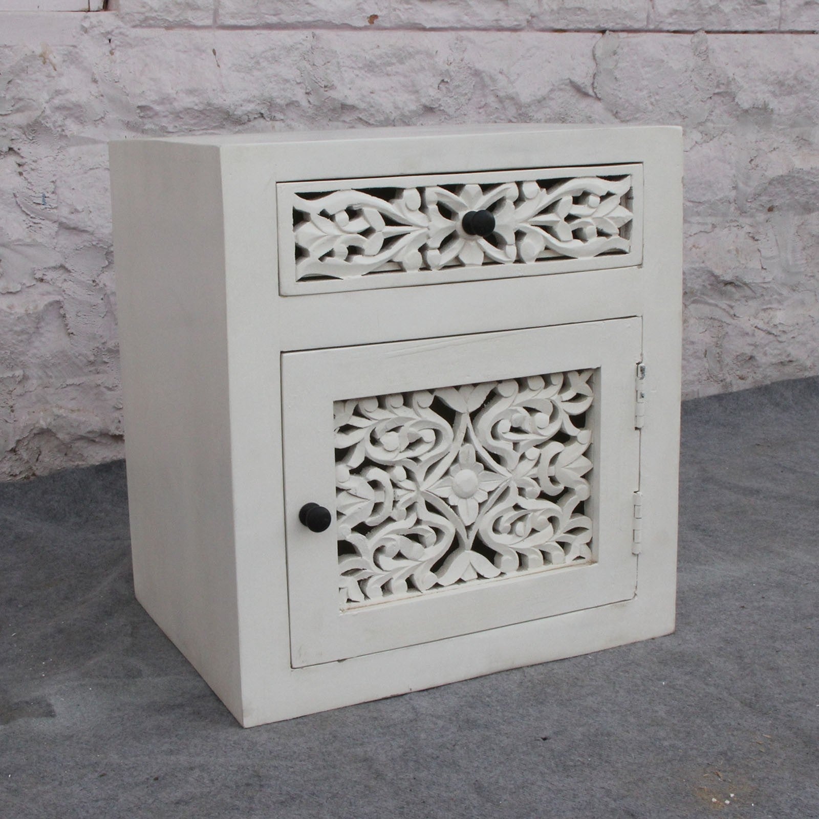 DYNASTY Hand Carved Jali Pair of Bedside Tables 50x40x55cm - Exquisite Indian Wooden Nightstands for Bedroom Decor, Living Room Accent Furniture
