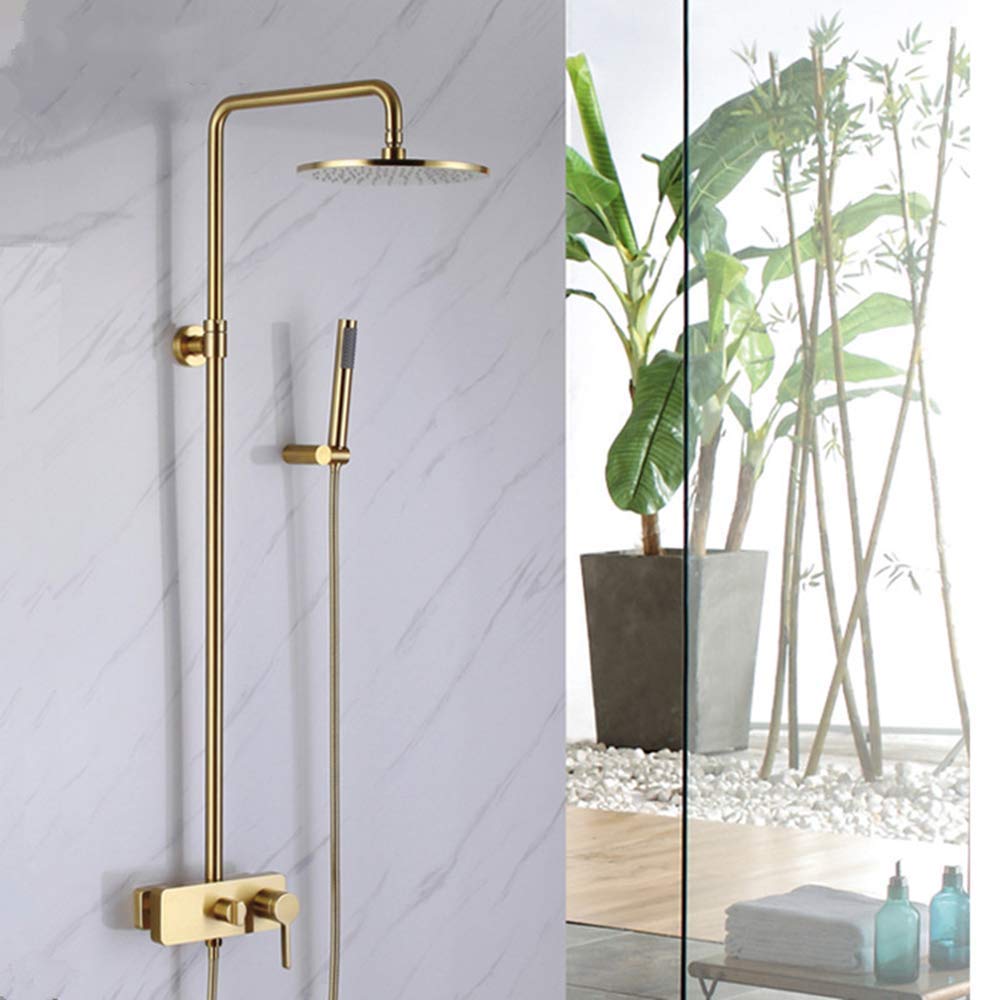 10 Inch Brushed Gold Rain Mixer Shower Combo Set - Wall Mounted Exposed Bathroom Shower Faucet with Brass Rainfall Shower Head, Handheld Shower & Tub Spout - Perfect for Modern Bathroom Renovation & Spa-Like Shower Experience