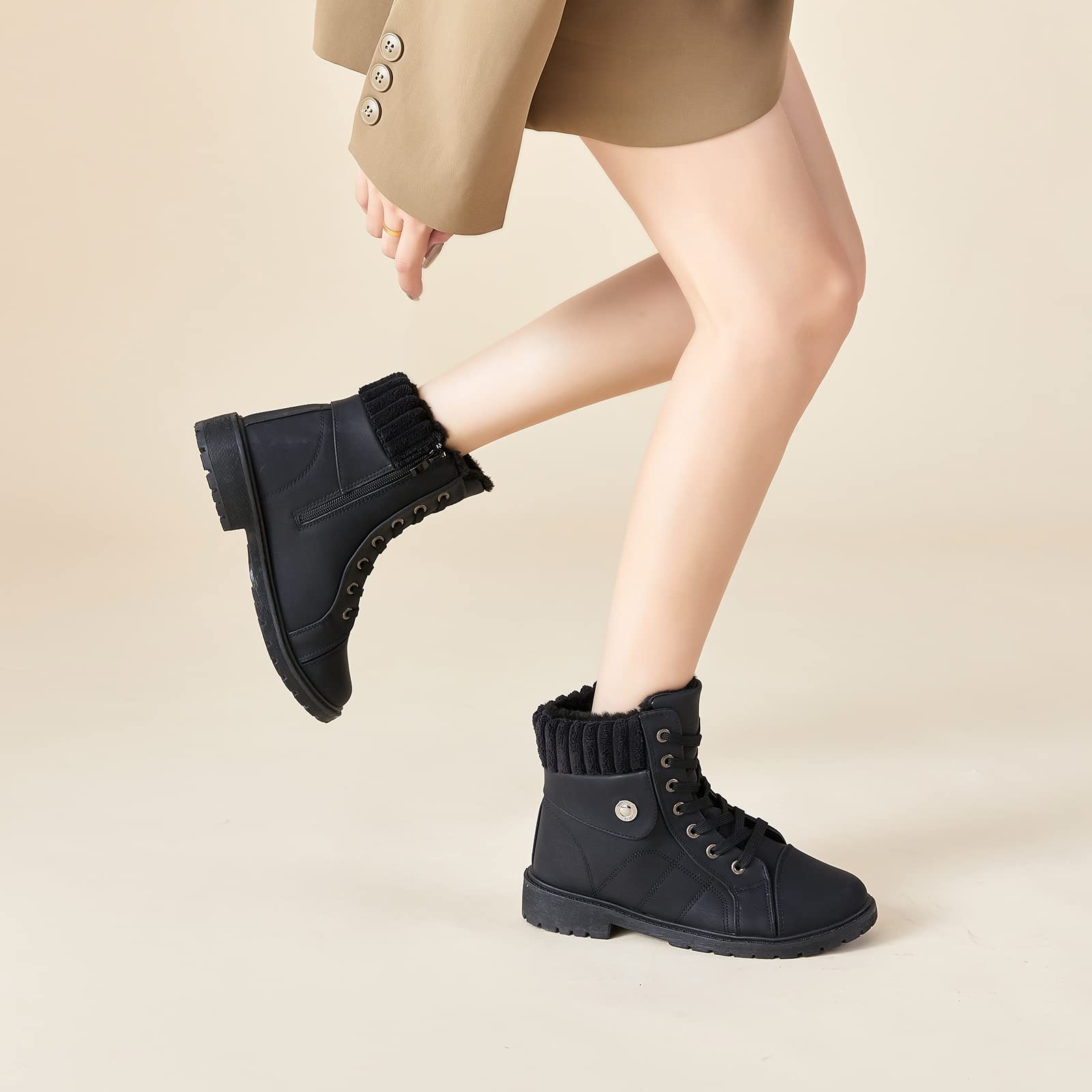 Waluzs Women's White Ankle Boots - Winter Fuzzy Lace-Up Combat Snow Boots for Women | Warm & Stylish for Cold Weather, Snow Days & Outdoor Adventures