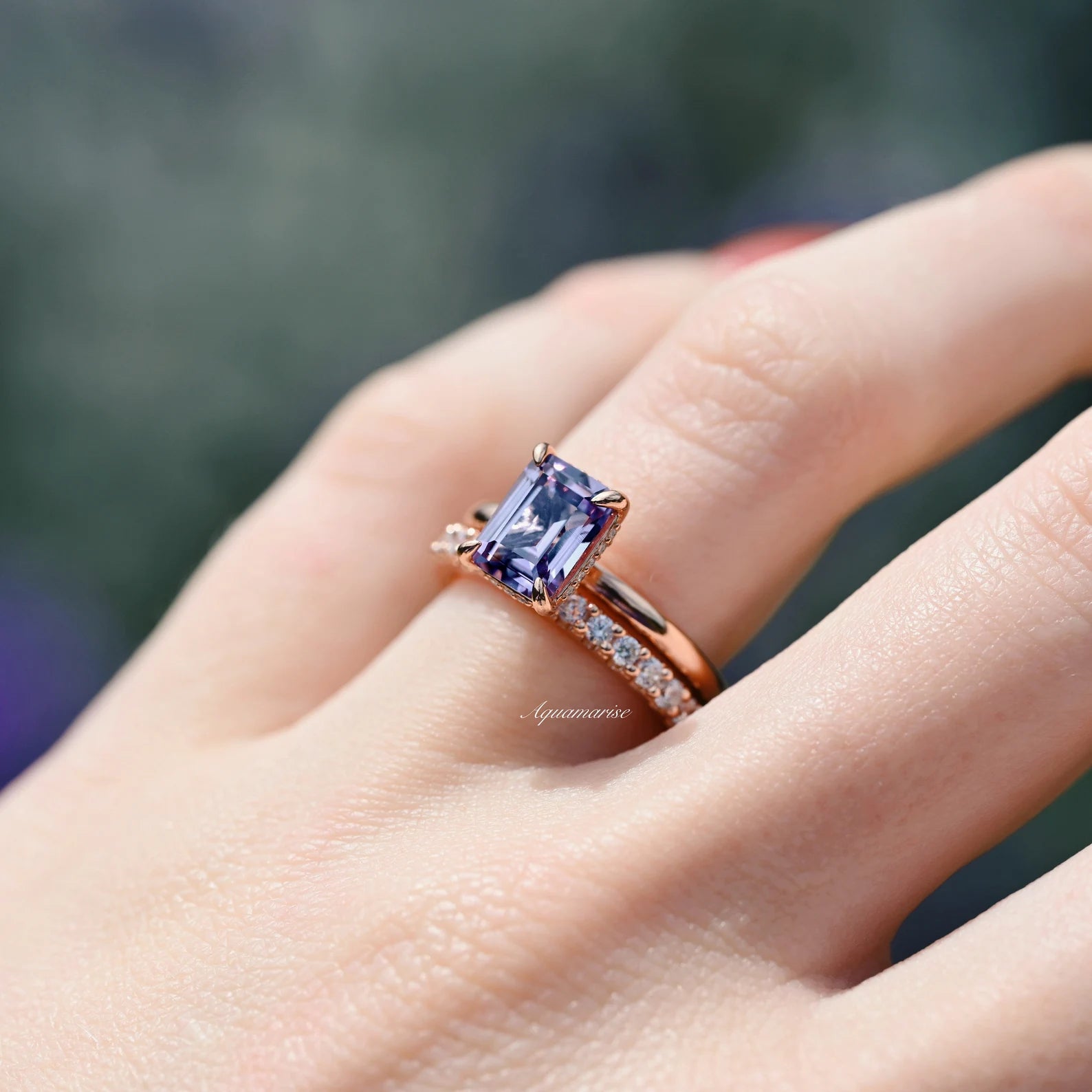 Alexandrite Engagement Ring Set - 14K Rose Gold Vermeil Wedding Band for Women | Perfect for Proposals, Anniversaries & Special Occasions