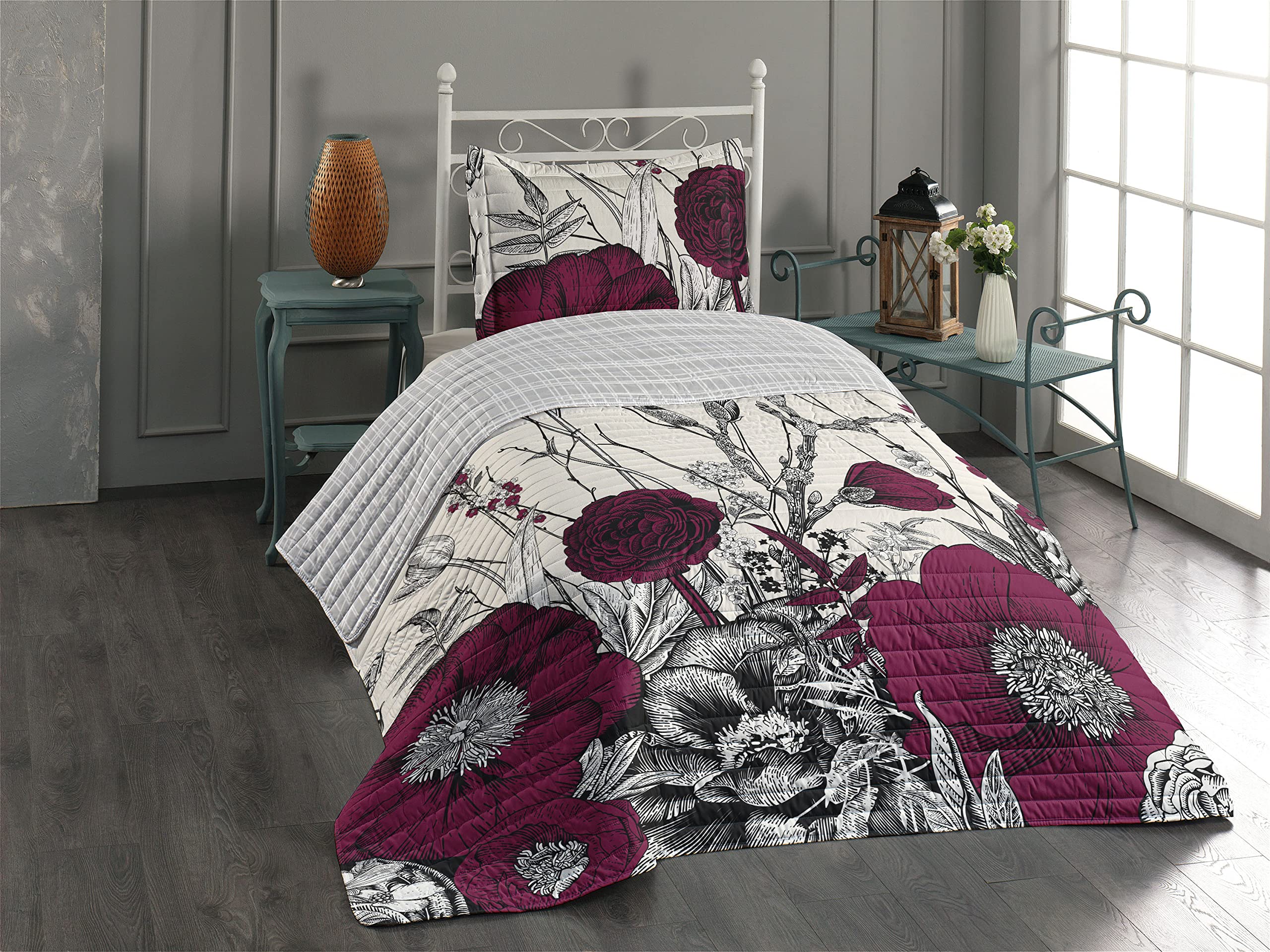 Ambesonne Reversible Dogwood Flower Bedspread Set - Twin Size, Raspberry | Retro Cherry Blossom & Peony Floral Design | Microfiber Comforter with Pillow Shams | Perfect for Spring Bedroom Decor & Guest Room Makeover