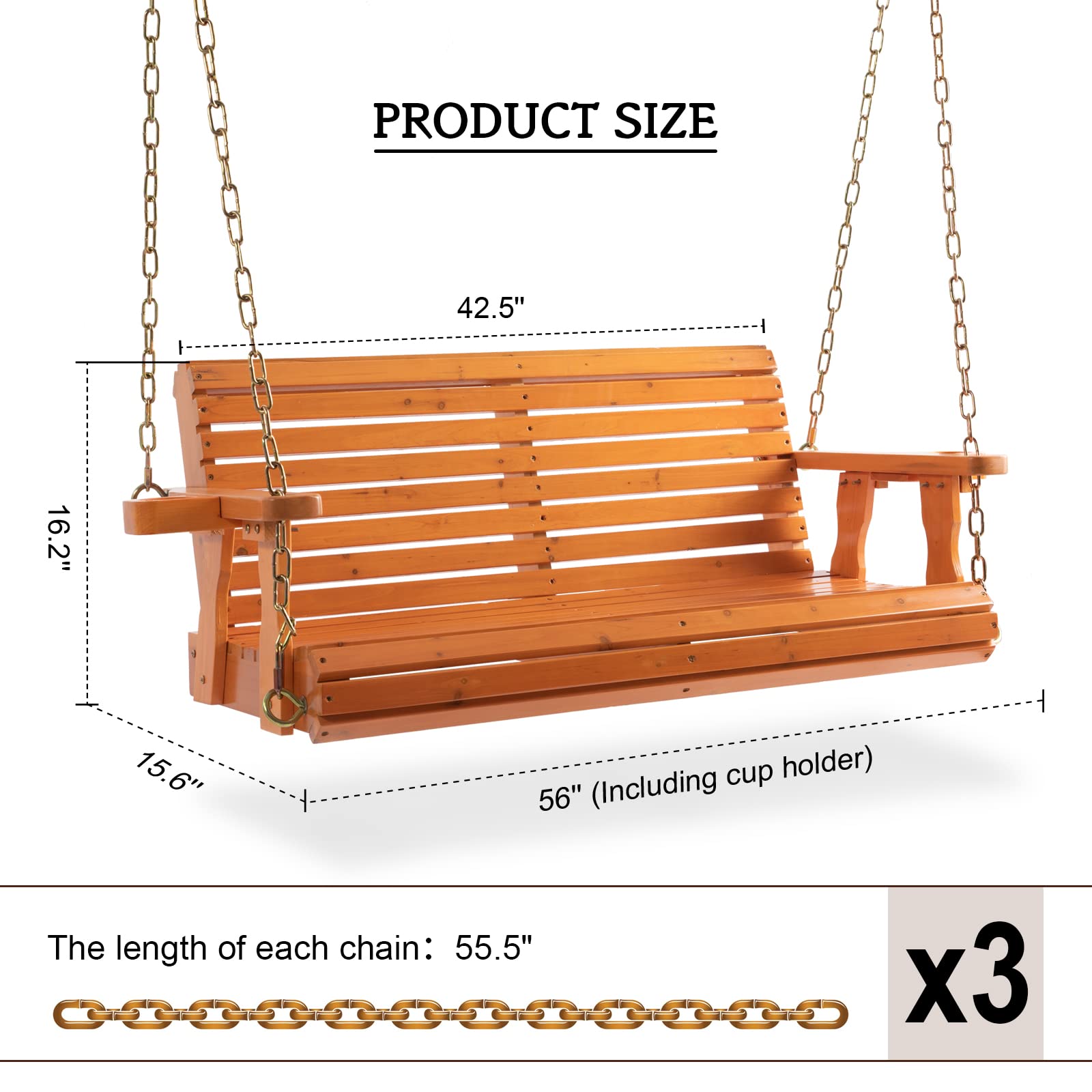 Outdoor Wooden Porch Swing with Chains - 2 Seater Hanging Bench Chair for Garden, Patio, Courtyard | Weather-Resistant Natural Finish | Perfect for Relaxing, Reading & Backyard Lounging