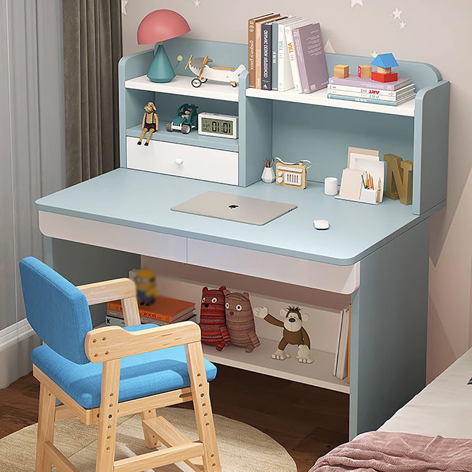 Adorable Wooden Study Desk and Chair Set with Hutch Drawers - Kids School Desk, Computer Workstation & Writing Table for Boys & Girls - Perfect for Homeschooling, Online Learning & Home Office Use