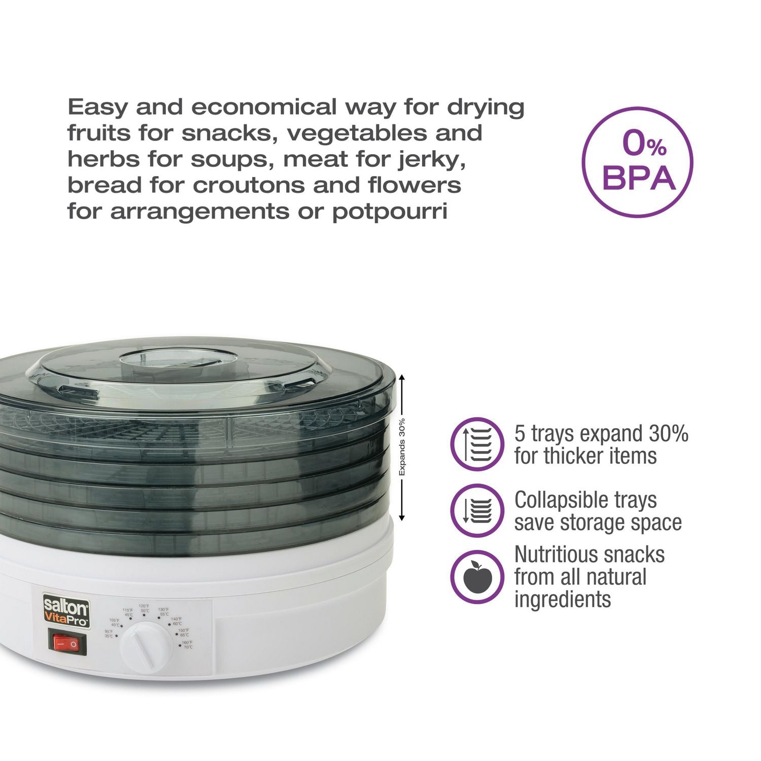 SALTON VitaPro DH1454 Food Dehydrator - Premium 5-Tray Electric Food Dryer for Fruits, Vegetables & Jerky - Perfect for Healthy Snacks, Camping & Food Preservation