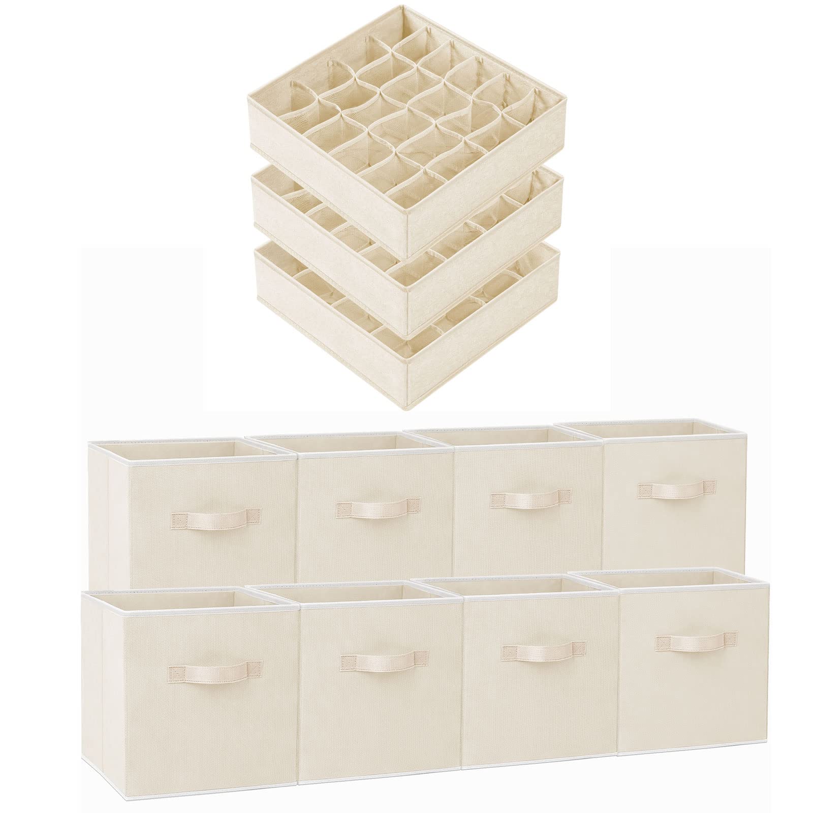 8-Pack 11-Inch Fabric Storage Cubes & 3-Pack Drawer Organizers - Perfect for Closet, Dresser & Underwear Sock Storage | Space-Saving Home Organization Solution for Bedroom, Nursery & Dorm Rooms