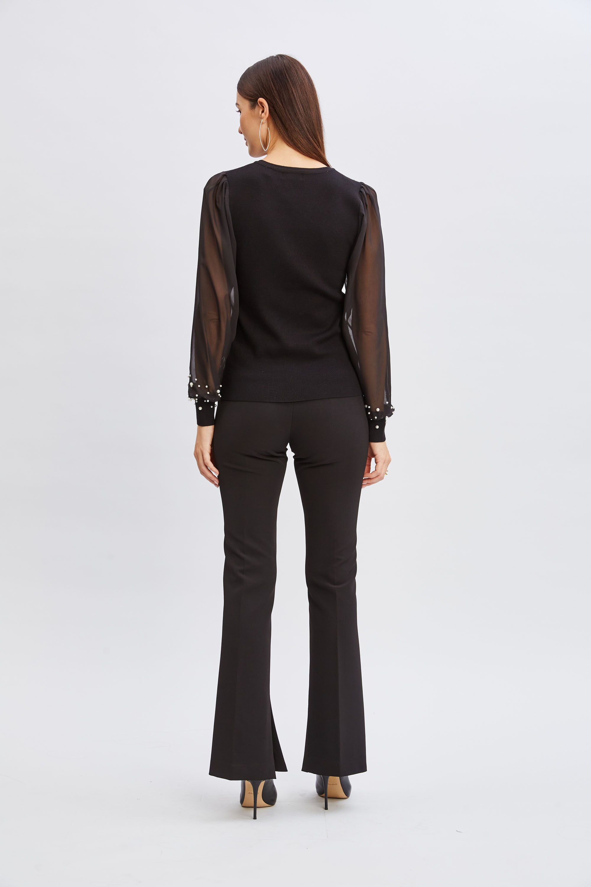 Tahari Chiffon Pearl Sleeve Knit Top - Elegant Women's Blouse with Pearl Details for Work, Party & Special Occasions