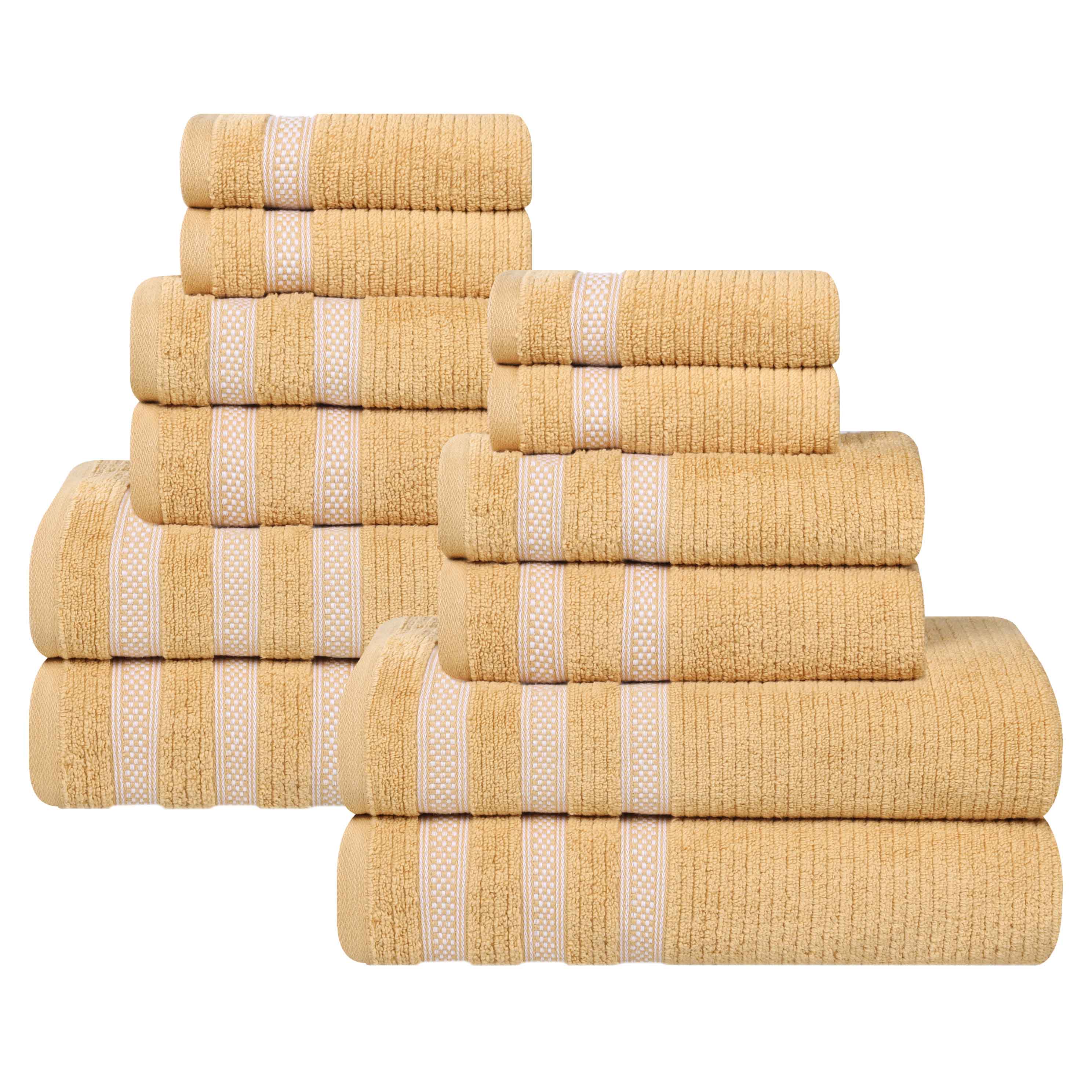 12-Piece Zero Twist Cotton Ribbed Geometric Border Plush Towel Set | Ultra Soft & Absorbent Bath, Beach & Gym Towels for Home & Travel
