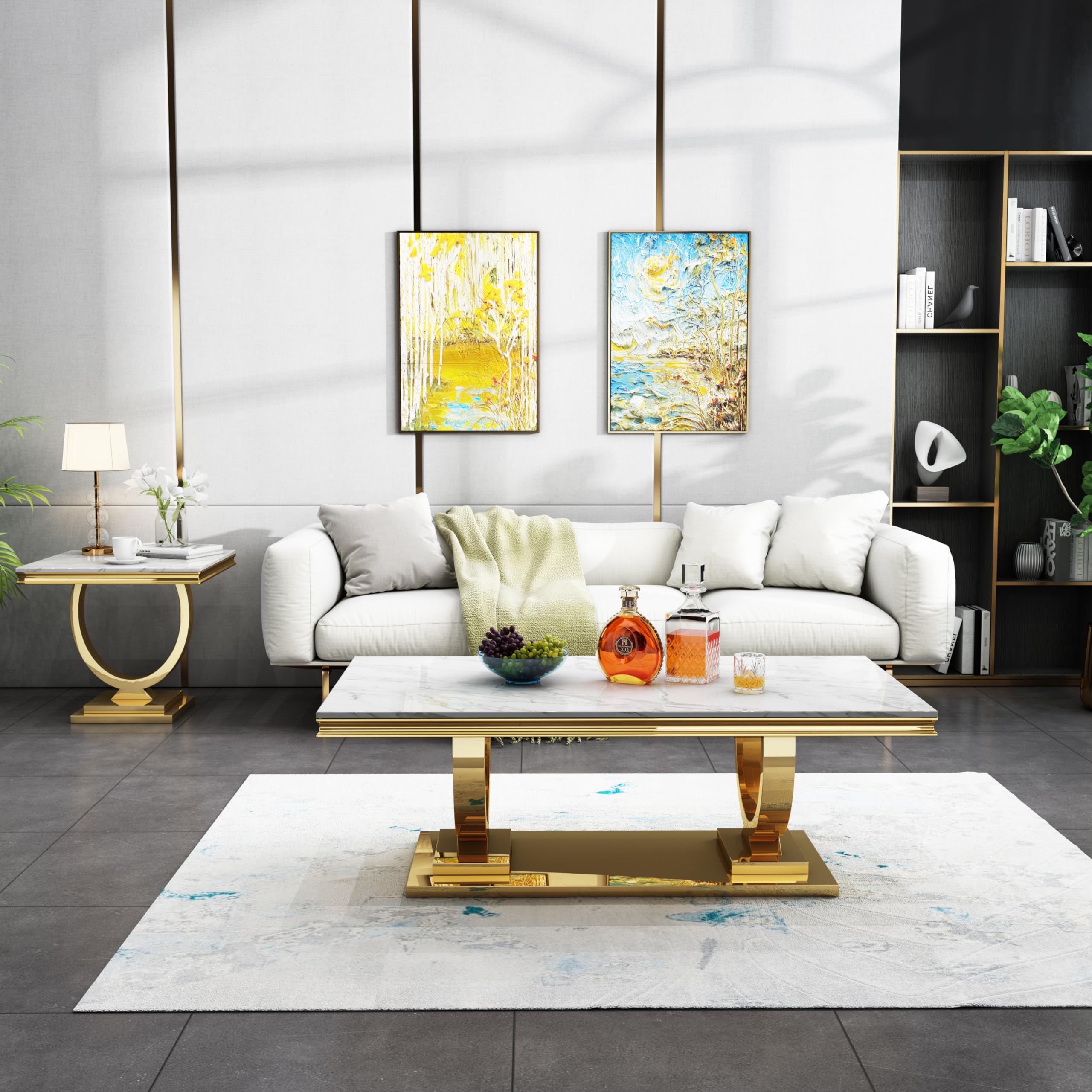 Modern 3-Piece Living Room Table Set - Faux Marble Coffee Table & 2 Gold Side Tables with Stainless Steel Legs, Luxury Rectangular Furniture for Apartment, Bedroom & Living Space | Perfect for Small Spaces, Home Decor & Entertaining Guests