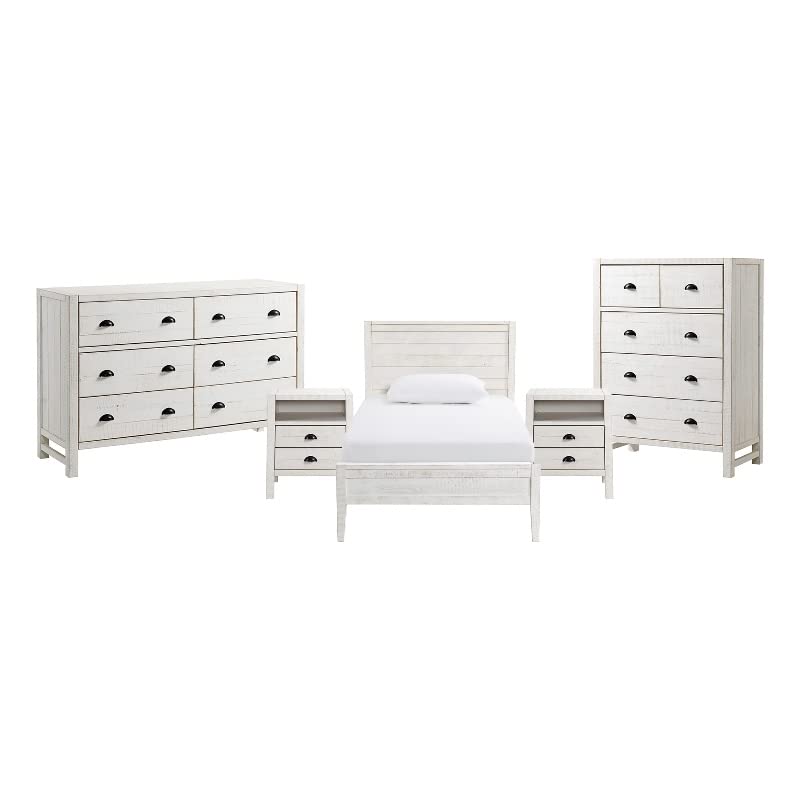 Alaterre Windsor 5-Piece Bedroom Set - Twin Panel Bed, 2 Nightstands, Chest & Dresser in Driftwood White | Complete Bedroom Furniture for Small Spaces & Guest Rooms
