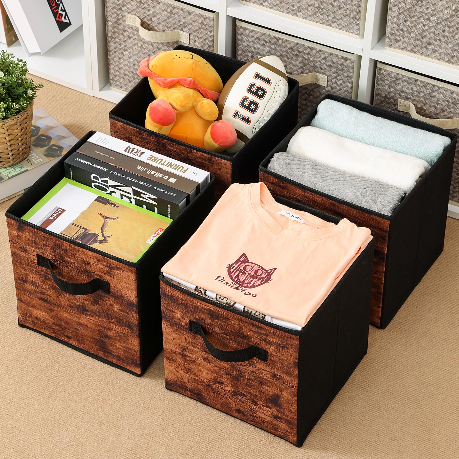 Stereo Fabric Storage Cubes, 6-Pack Foldable Closet Organizer Bins with Handles - 11 Inch Decorative Storage Baskets for Shelves, Bedroom, Nursery & Office - Rustic Brown & Black - Perfect for Home Organization & Small Space Storage