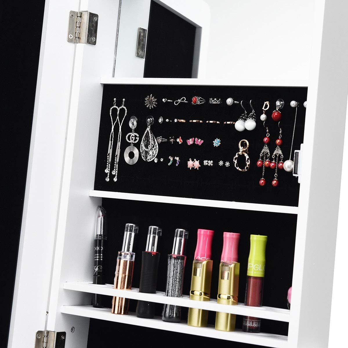 WATERJOY Solid LED Jewelry Armoire Organizer with Full-Length Mirror - 3-Angle Adjustable Standing Jewelry Cabinet with Bevel Edge Mirror - Perfect for Bedroom, Dressing Room & Closet Organization