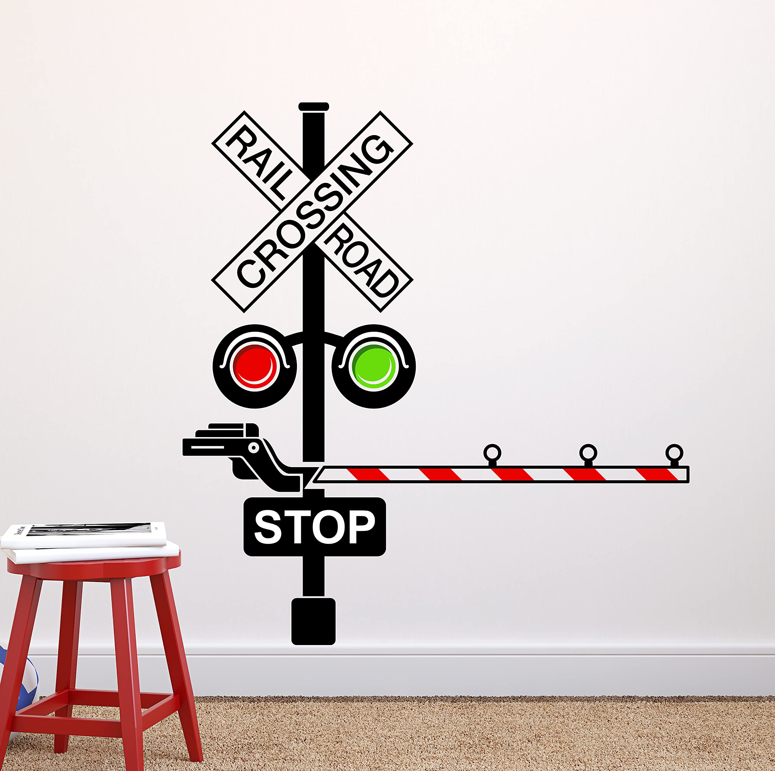 Decalzone Railroad Train Crossing Lights Wall Decal - Kids Nursery Room Decor - Vinyl Train Wall Art Sticker (20W x 22H inches) for Boys' Bedroom, Playroom & Classroom Decorations
