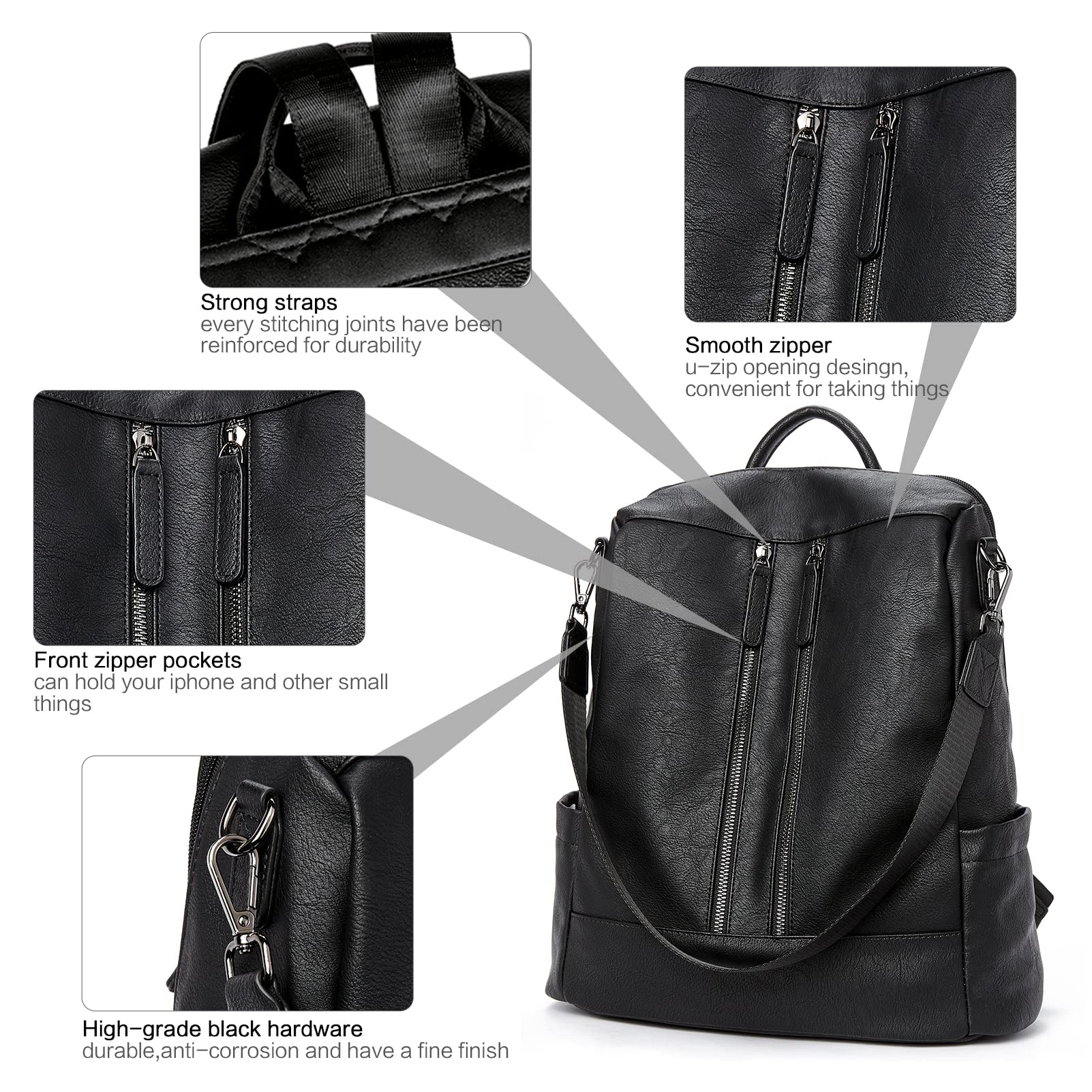 BROMEN Women's Leather Backpack Purse - Anti-Theft Laptop Bookbag with Shoulder Strap, Fashionable Handbag for Work, Travel & College (Black)