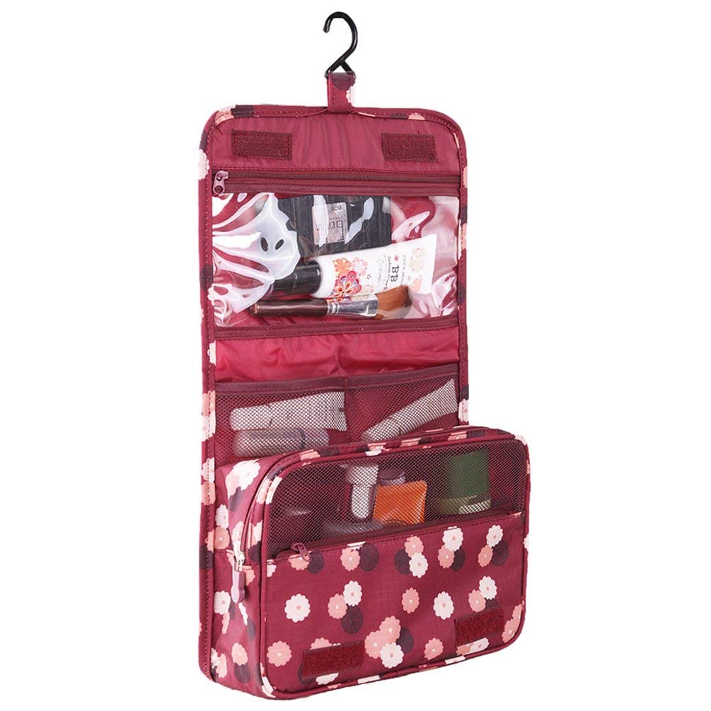 Axgo Multifunctional Travel Makeup Bag with Hook - Portable Folding Cosmetic Organizer for Toiletries (Red) | Perfect for Vacation, Gym & Daily Use