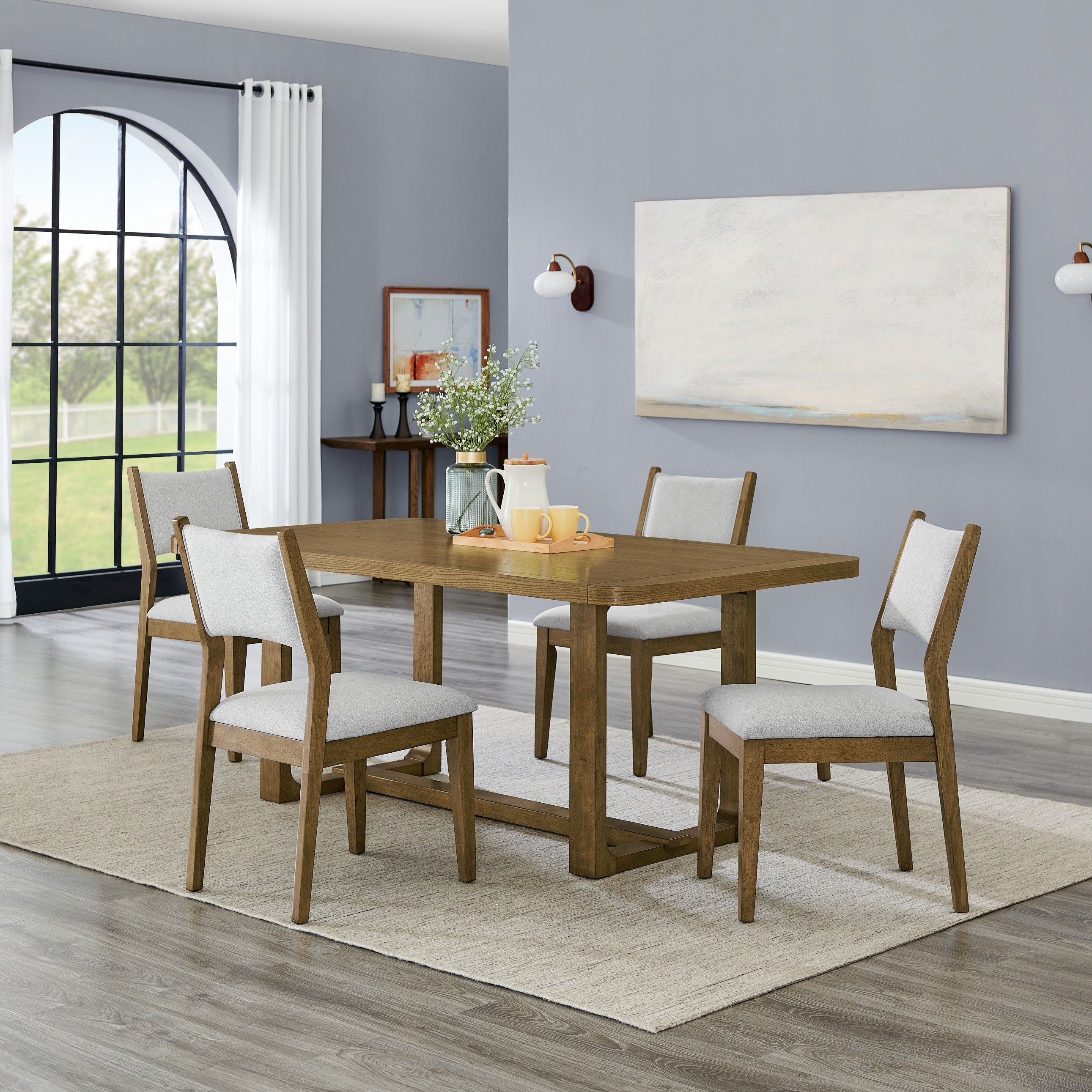 Roundhill Furniture Parker 5-Piece Dining Set - Light Oak Trestle Table with 4 Modern Chairs for Kitchen, Dining Room & Small Space