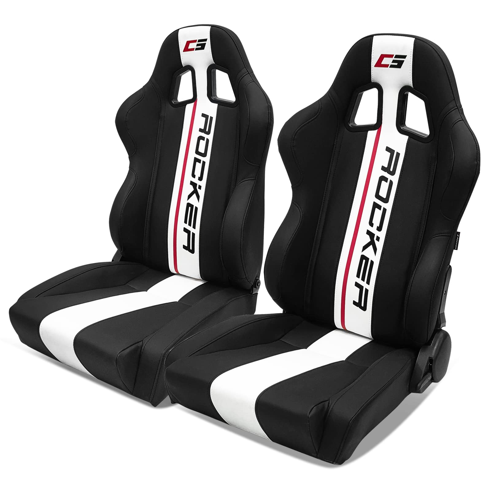 IKON MOTORSPORTS Universal Racing Seats - Reclinable Black PU Leather Bucket Seats with White Stripe & Dual Sliders (1 Pair Driver+Passenger, Flat Style) - Perfect for Sports Cars, Drifting & Track Racing
