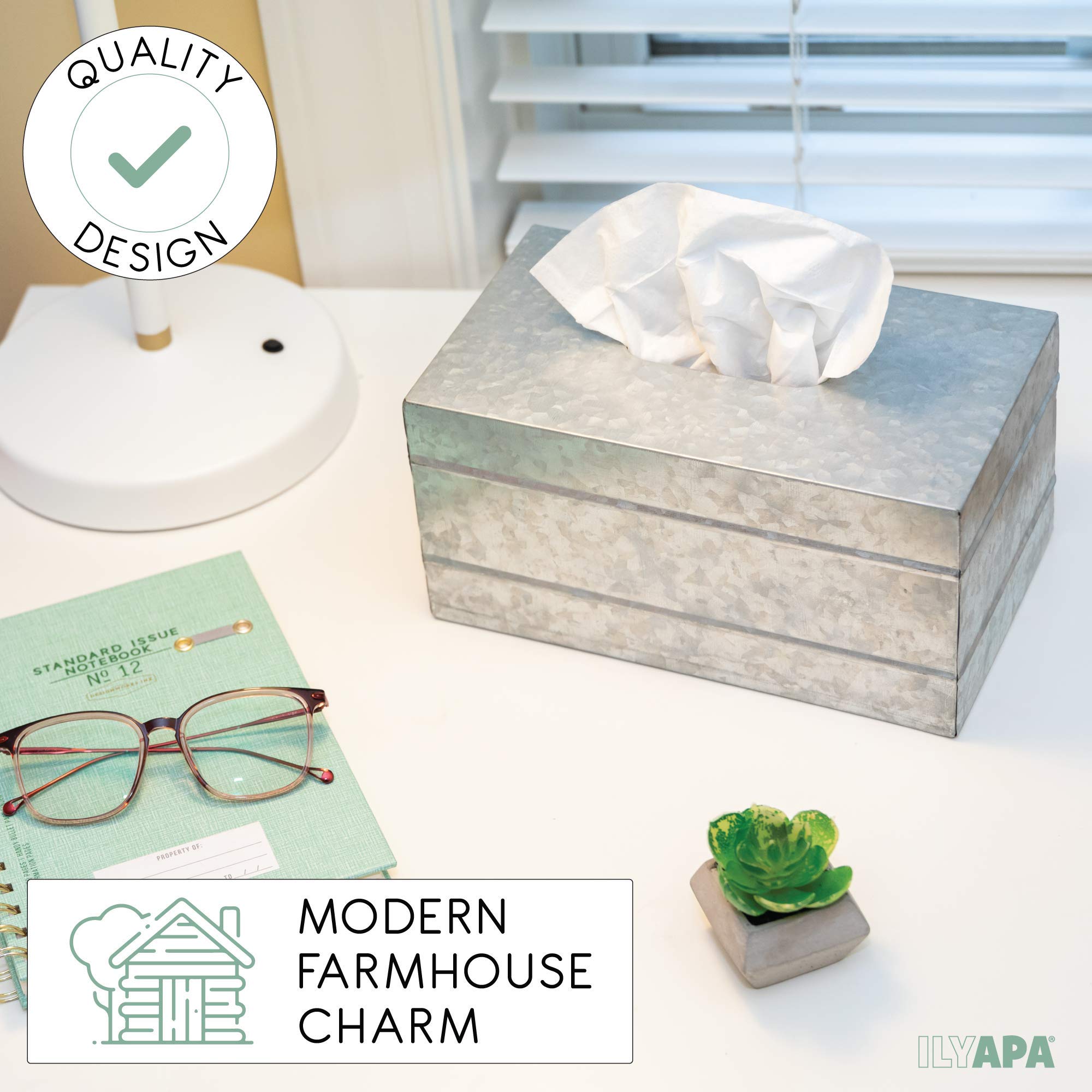 Rustic Galvanized Metal Tissue Box Cover - Decorative Rectangular Tissue Holder for Home, Office & Bathroom | Ilyapa Tissue Box Organizer for Living Room, Bedroom & Guest Room