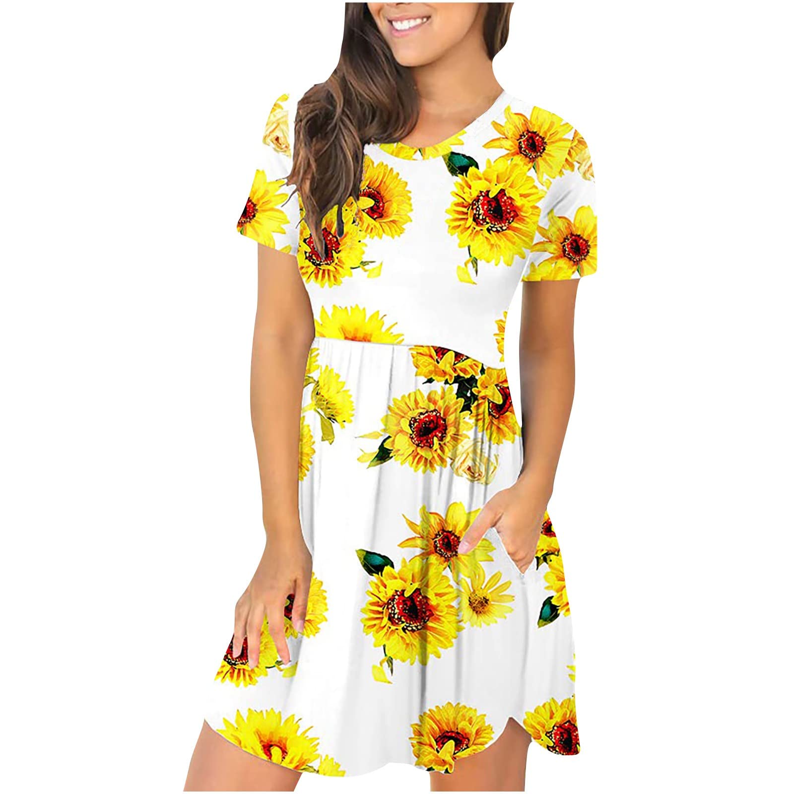 Women's Floral Printed Mini Sundress - Loose Fit A-Line Pleated Short Sleeve Summer Dress | Perfect for Beach Vacations, Brunch Dates & Casual Outings