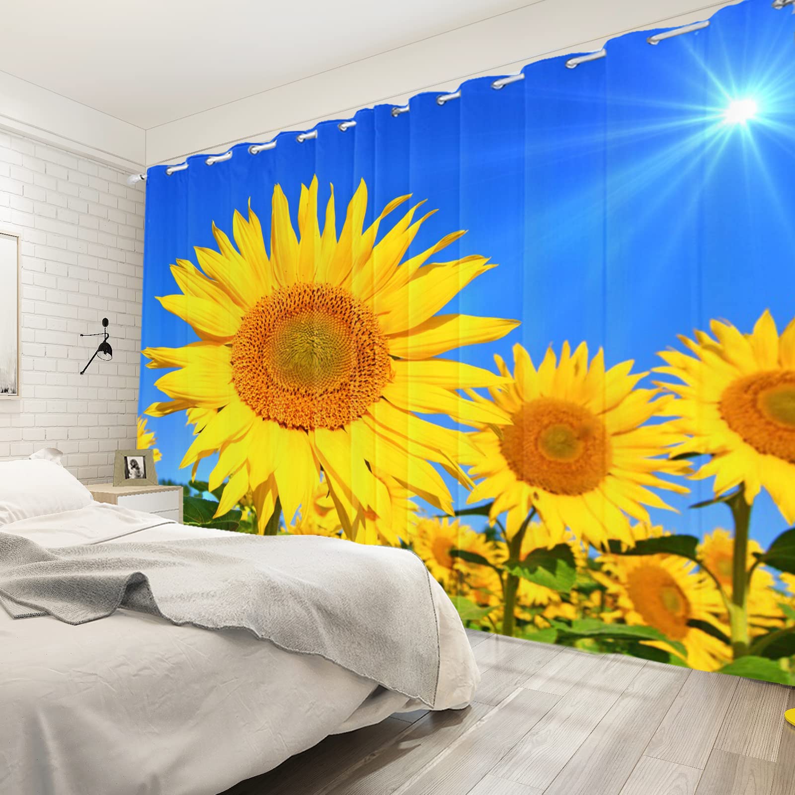 Rustic Sunflower Blackout Kitchen Curtains - Farmhouse Yellow Floral Window Treatment Set with Blue Sky Oil Painting Pattern (42x63 Inch, 2 Panels) - Perfect for Farmhouse Decor, Sunlit Kitchens & Cozy Dining Areas