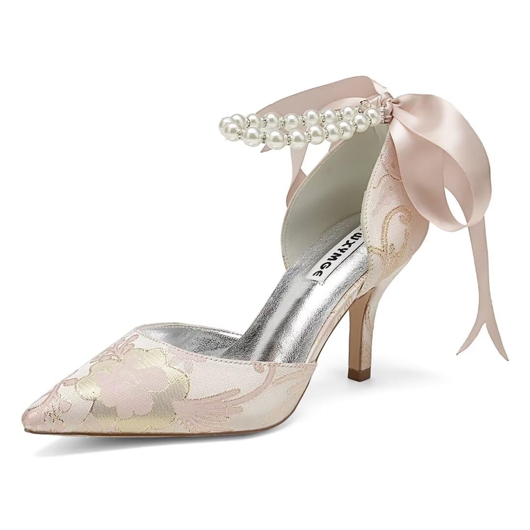 Elegant Women's Floral Satin Pearl Wedding Shoes - Closed Toe Bridal Heels for Bride - Perfect for Wedding Ceremonies, Bridal Showers & Formal Events
