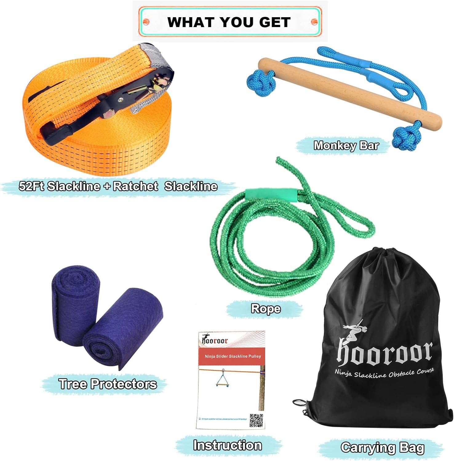 Hooroor Slackline Pulley Kit with 52FT Zipline & Monkey Bars - Complete Ninja Warrior Obstacle Course Set for Kids and Adults - Backyard Outdoor Play Equipment for Fitness Training, Birthday Parties, and Family Fun Activities