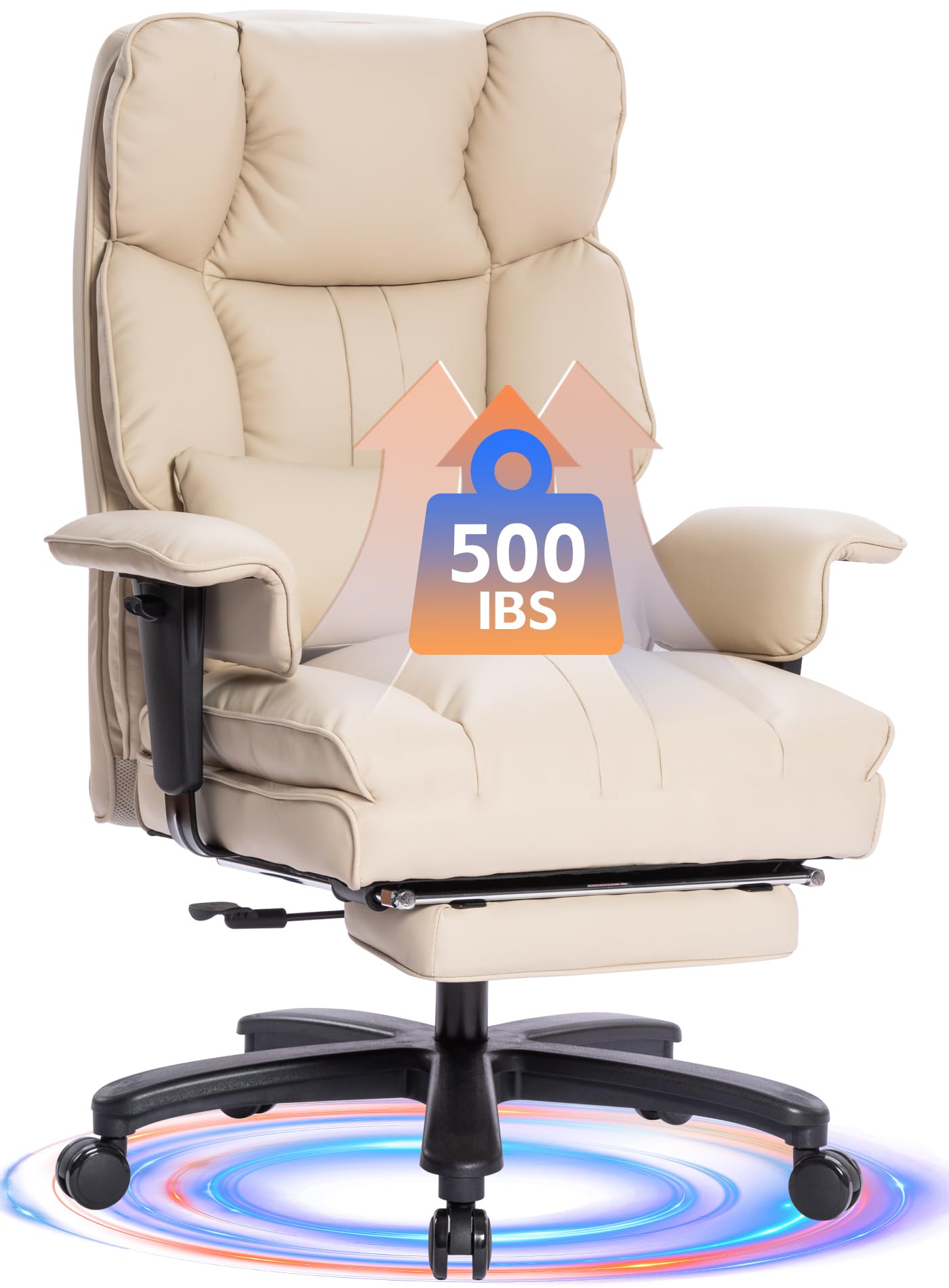 Big and Tall Office Chair 500lbs Capacity - Wide Seat Executive Desk Chair with High Back, Footrest & Ergonomic Lumbar Support - Leather Computer Gaming Chair for Heavy People - Perfect for Home Office, Gaming Setup and Professional Workspaces