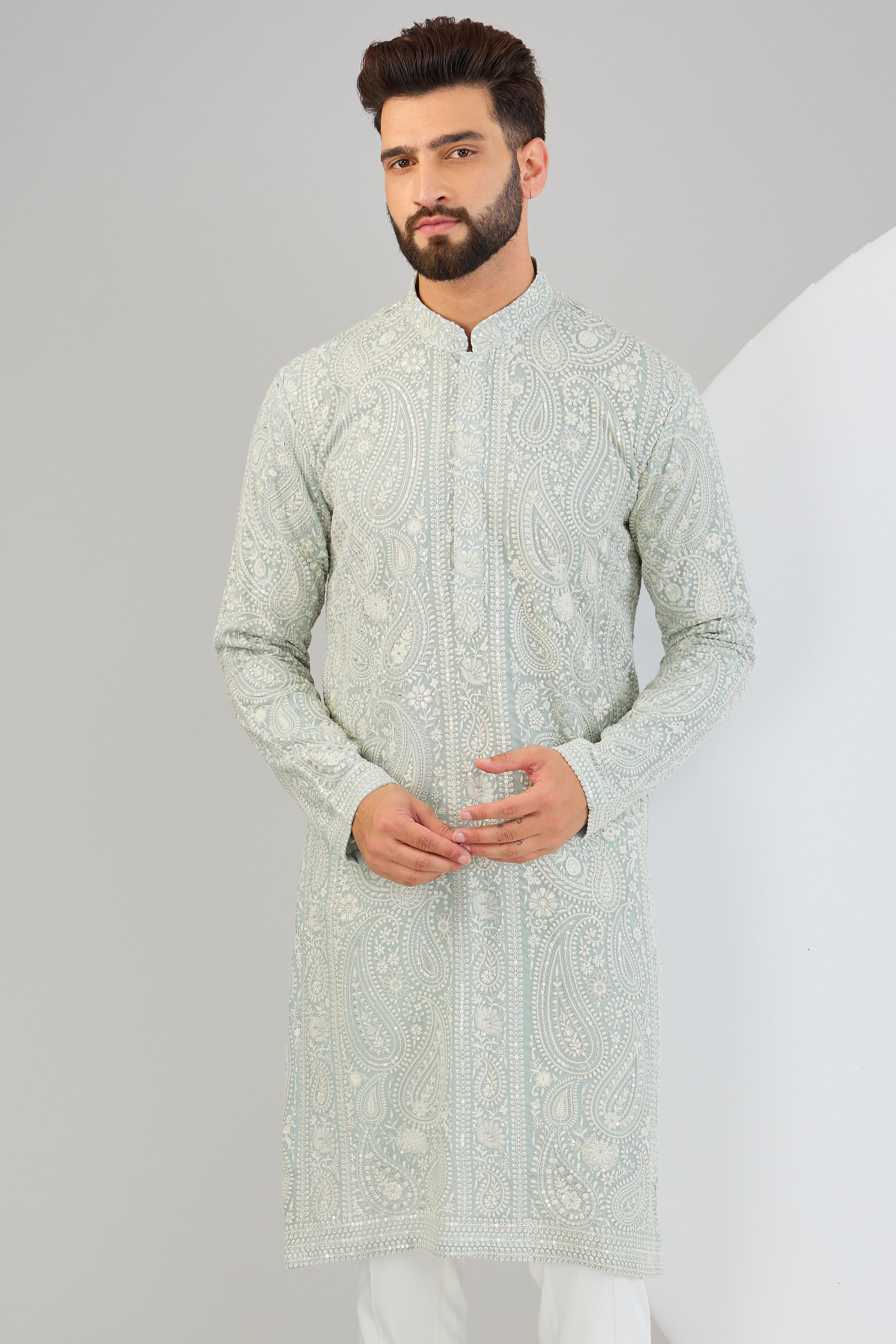 Elegant Ice Blue Chikankari Kurta with Paisley Embroidery - Perfect for Festivals, Weddings & Casual Wear