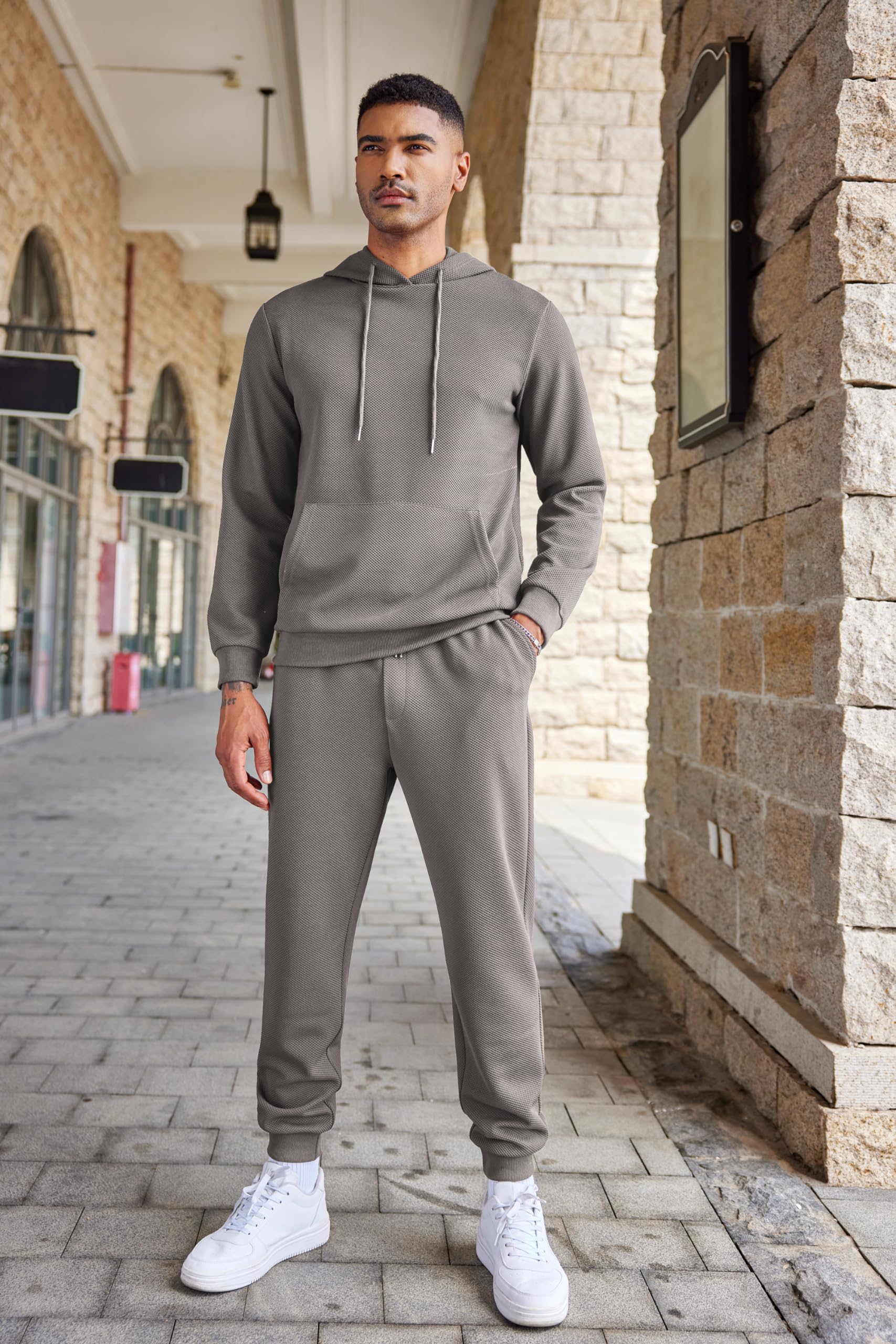 COOFANDY Men's 2-Piece Waffle Hoodie Tracksuit Set - Breathable Jogging Suit for Running, Gym & Casual Wear | Athletic Sweatsuit for Men