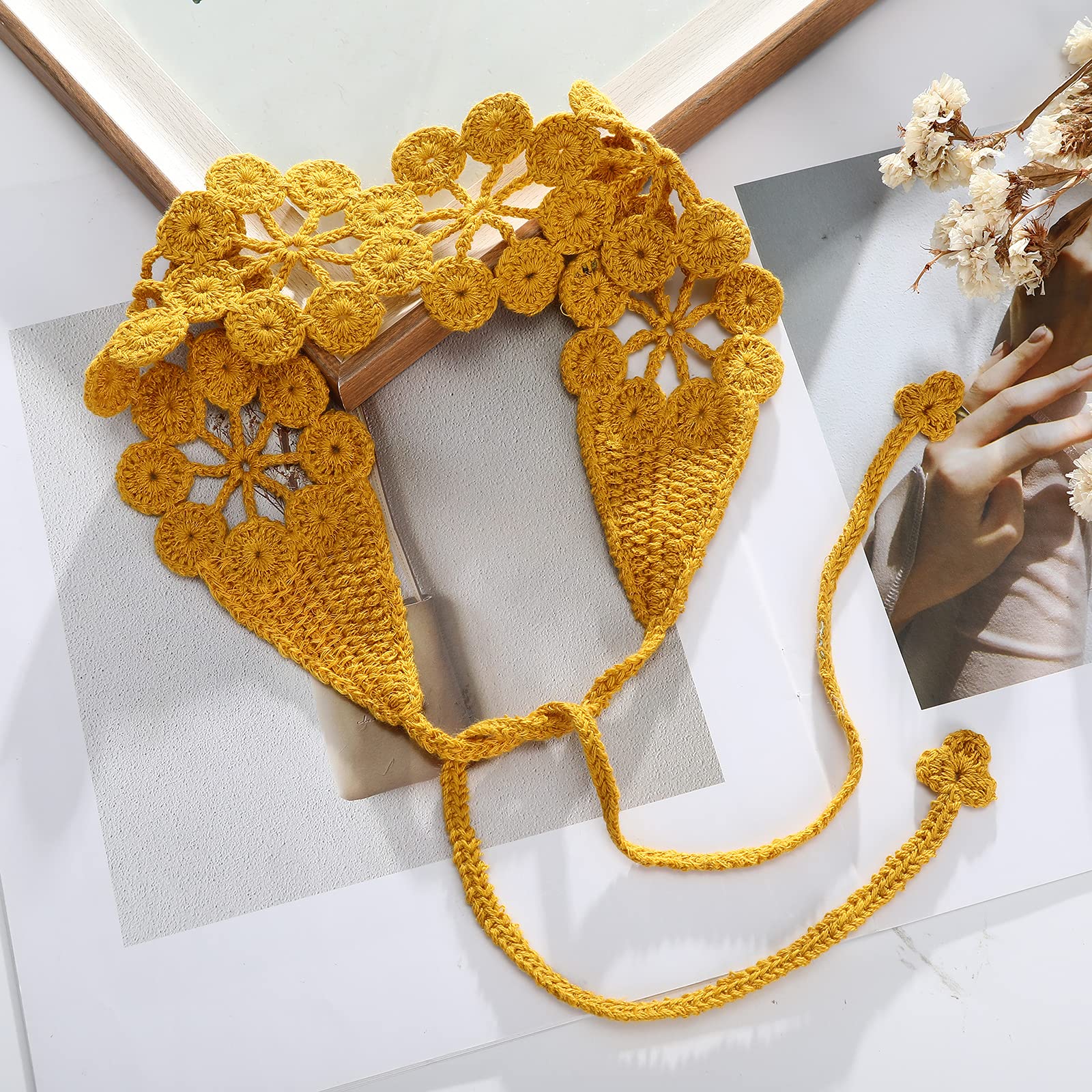 CHLINS Daisy Handmade Bohemian Knit Head Wraps - 3PCS Stretchy Crochet Headbands for Women & Girls (Dark Coffee, Pink, Turmeric) | Perfect for Yoga, Beach, Music Festivals & Boho Fashion