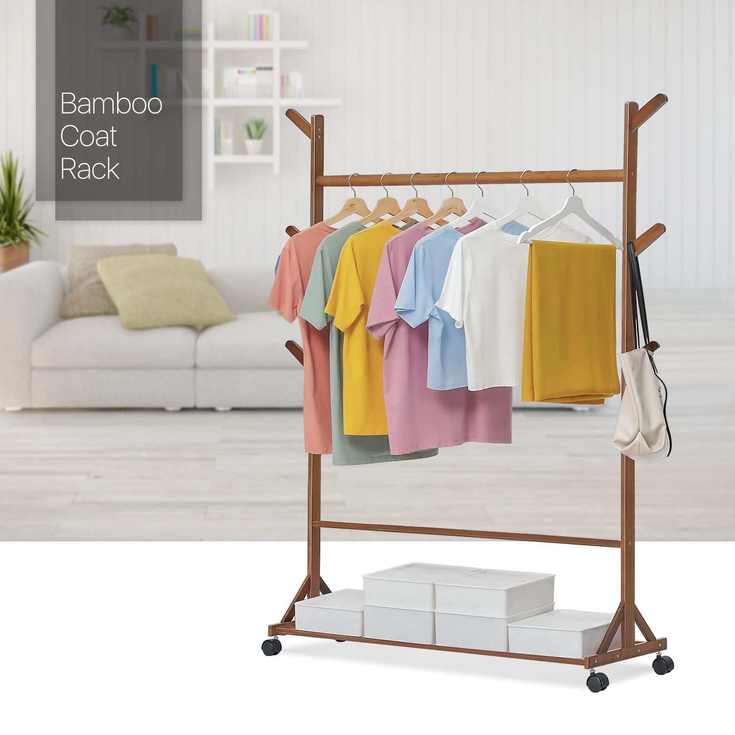 MoNiBloom 2-in-1 Rolling Garment Rack with Wheels & Storage Shelf - Bamboo Free-Standing Closet Organizer with 6 Hooks for Bedroom, Entryway, Office (Brown) | Perfect for Closet Organization, Clothes Display & Small Space Storage