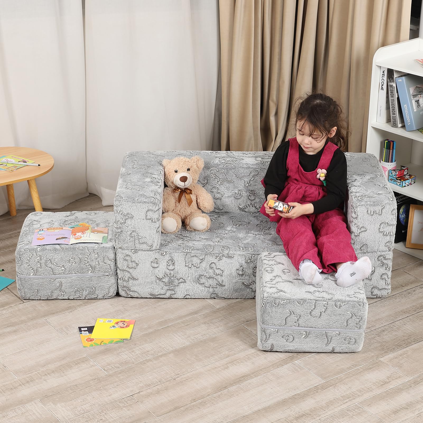 3-in-1 Glow in The Dark Kids Play Couch Set for Toddlers - Foldable Sofa with Storage, Soft Grey Children's Furniture for Playroom, Bedroom & Indoor Playtime