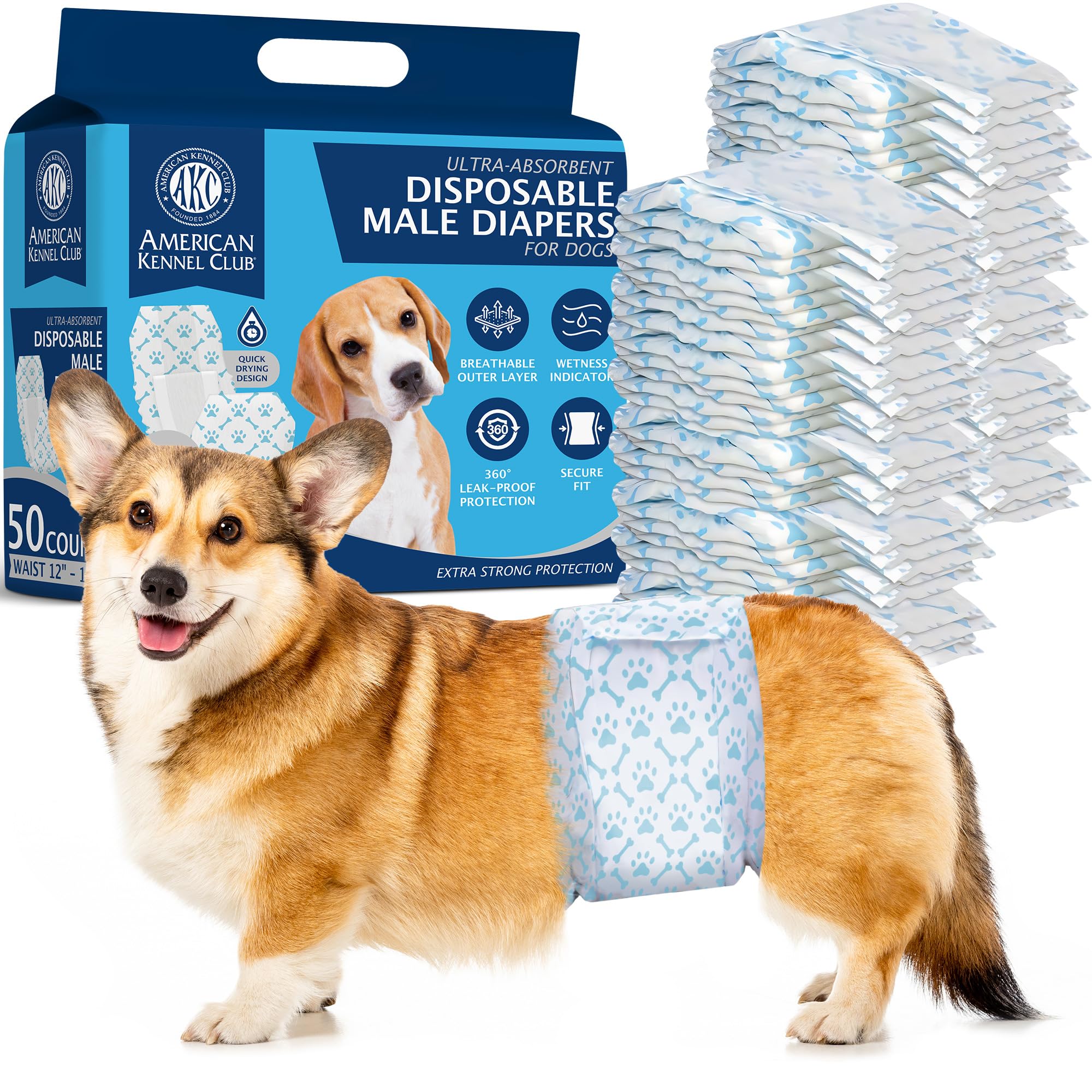 American Kennel Club Male Dog Wrap Disposable Diapers with Wetness Indicator - Small Size (50 Count) for Puppy Potty Training & Senior Dog Incontinence Care | Home Use, Travel & Vet Visits