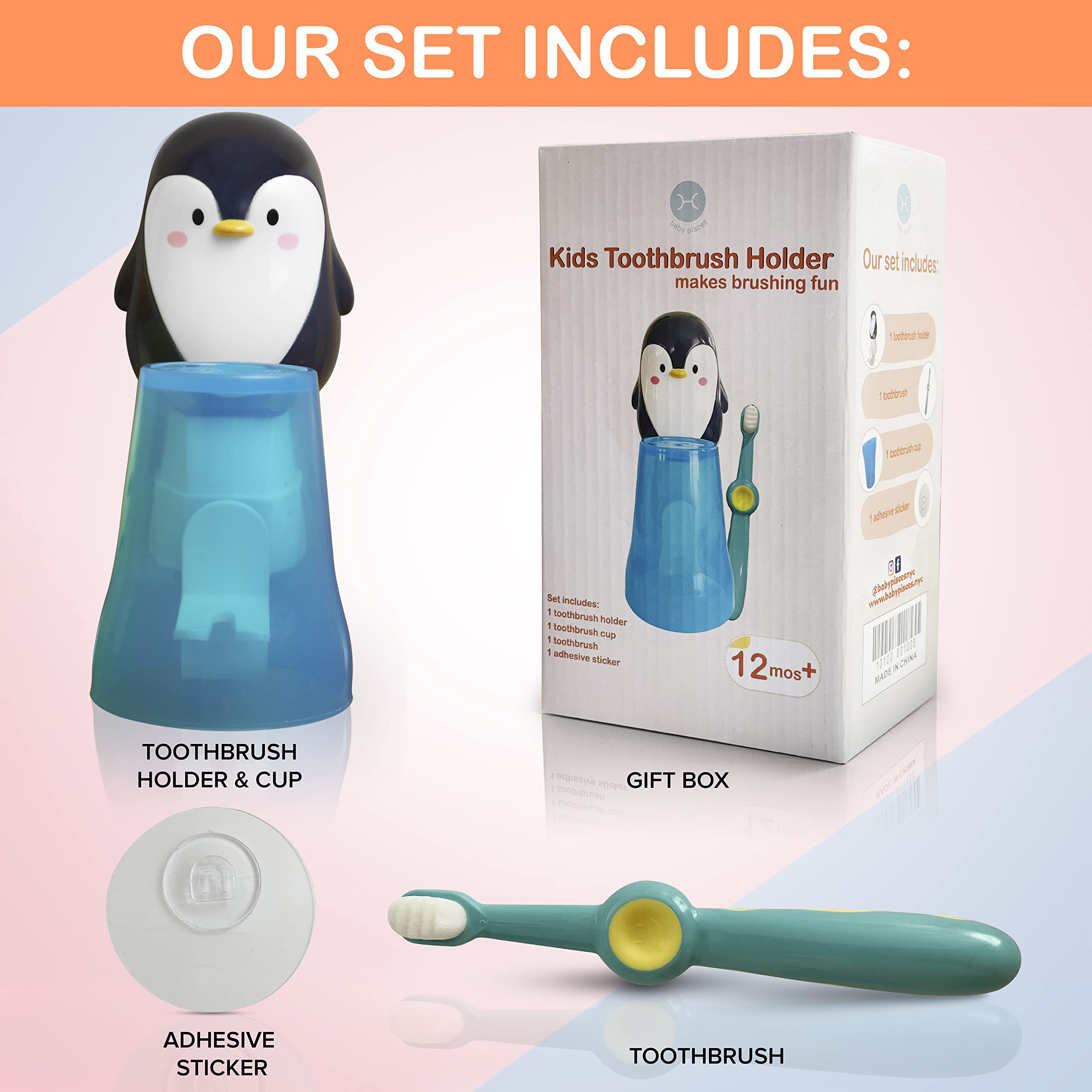 Penguin-Shaped Kids Toothbrush Holder Wall Mounted - Ultra Soft Bristle Toothbrush for Children | Hanging Bathroom Organizer for Brushing Teeth - Perfect for Kids' Bathrooms, Preschools & Daycare Centers