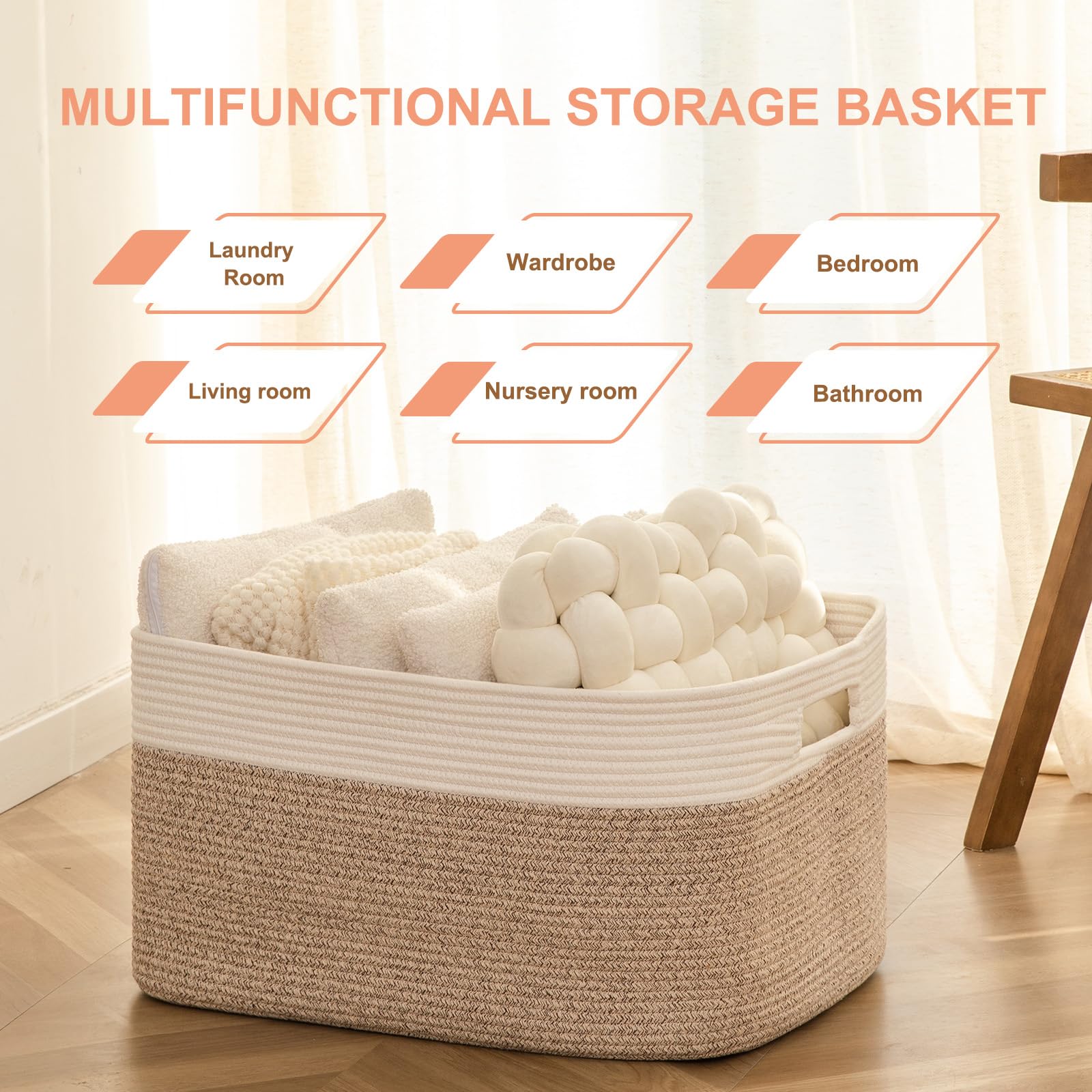75L Large Woven Cotton Rope Storage Basket - Blanket Organizer, Toy Bin for Kids Nursery & Living Room Decor (22