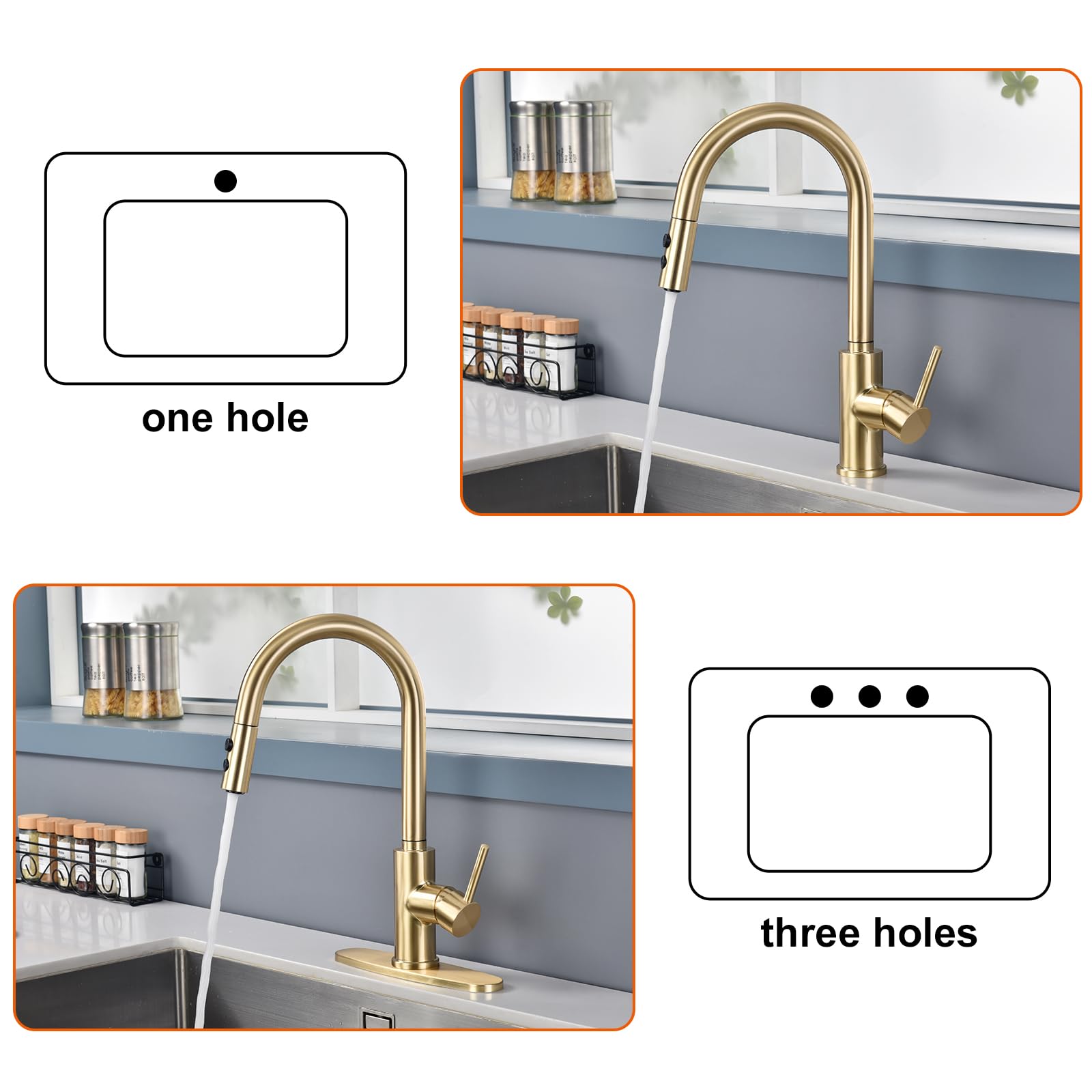 RULIA Brushed Brass Pull-Down Kitchen Faucet with Metal Spray Head - Modern Bar & Sink Faucet for Home Kitchen (Model RB1068) | Perfect for Cooking, Washing Dishes & Food Prep