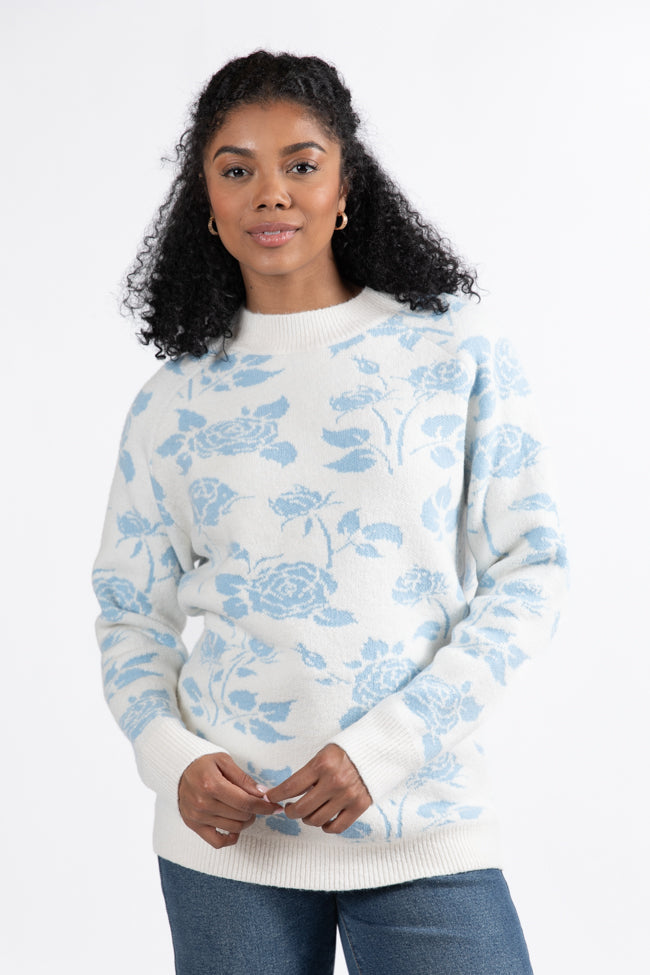 Feeling Like Love Ivory and Blue Floral Crew Neck Sweater for Women | Cozy Knit Pullover | Perfect for Date Nights & Fall Layering