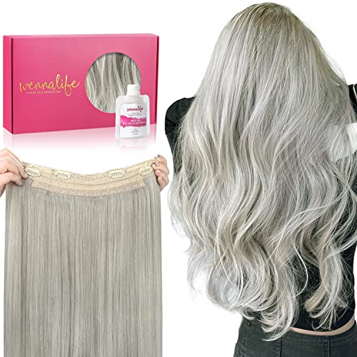 WENNALIFE 14 Inch 75g Grey Remy Human Hair Extensions with Invisible Wire - Straight Real Human Hair Weft for Longer Lasting Wear (50% Increased Lifespan) - Perfect for Daily Styling, Special Occasions & Hair Volume Enhancement