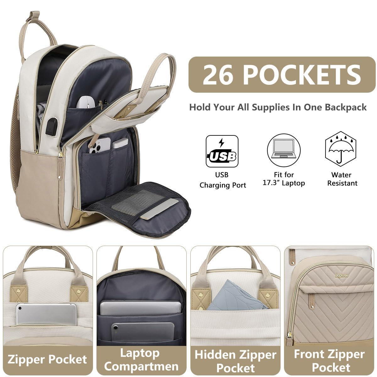 Women's 17 Inch Laptop Backpack with USB Charger - Waterproof Anti-Theft Work Bag for College, Business, Travel & Daily Commute - Perfect for Nurses, Teachers & Professionals (Beige/Khaki)