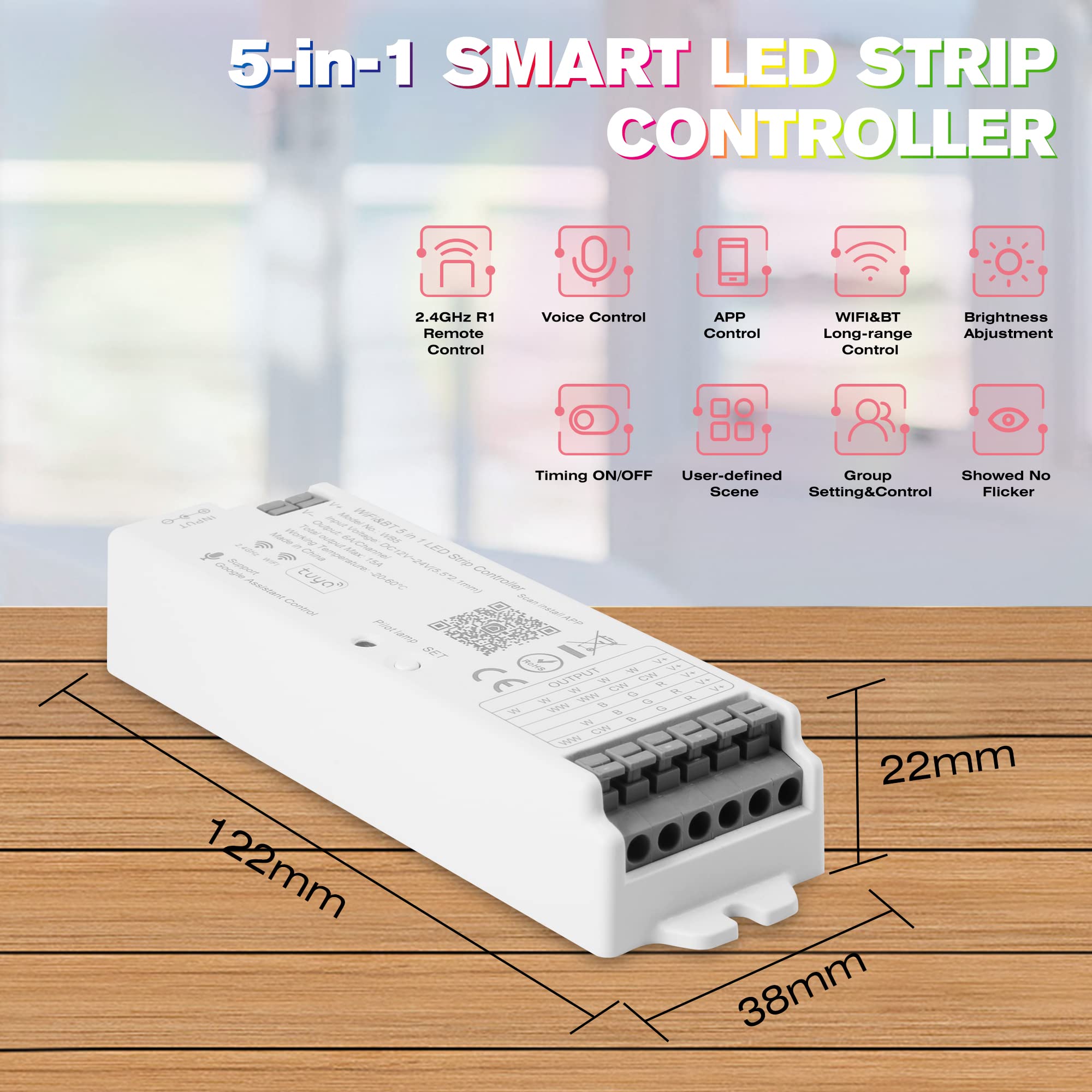 HUSUKU S1 5-in-1 WB5 2.4GHz Tuya WiFi PWM LED Controller - Smart Dimming CCT RGB RGBW RGBCCT Strip Light Control, Works with Alexa/Google Assistant/Siri, RF Remote Included - Perfect for Home Theater, Bedroom & Party Lighting