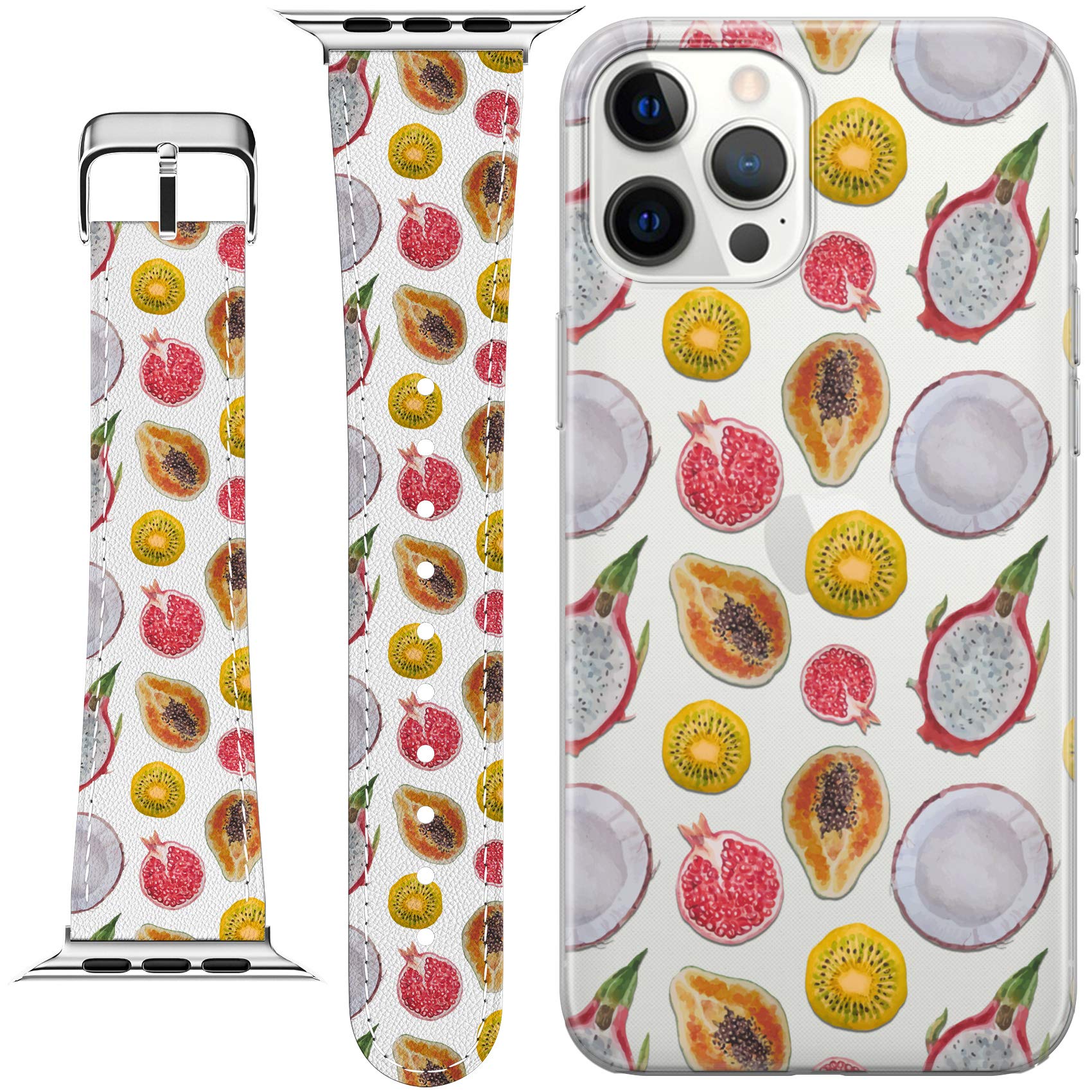 Apple Watch Bands Compatible with Series 7/6/5/4/3/2/1/SE (38-45mm) - Tropical Fruit Printed PU Leather Strap with Matching Phone Case - Summer Fashion Accessory for Workout, Travel & Daily Wear