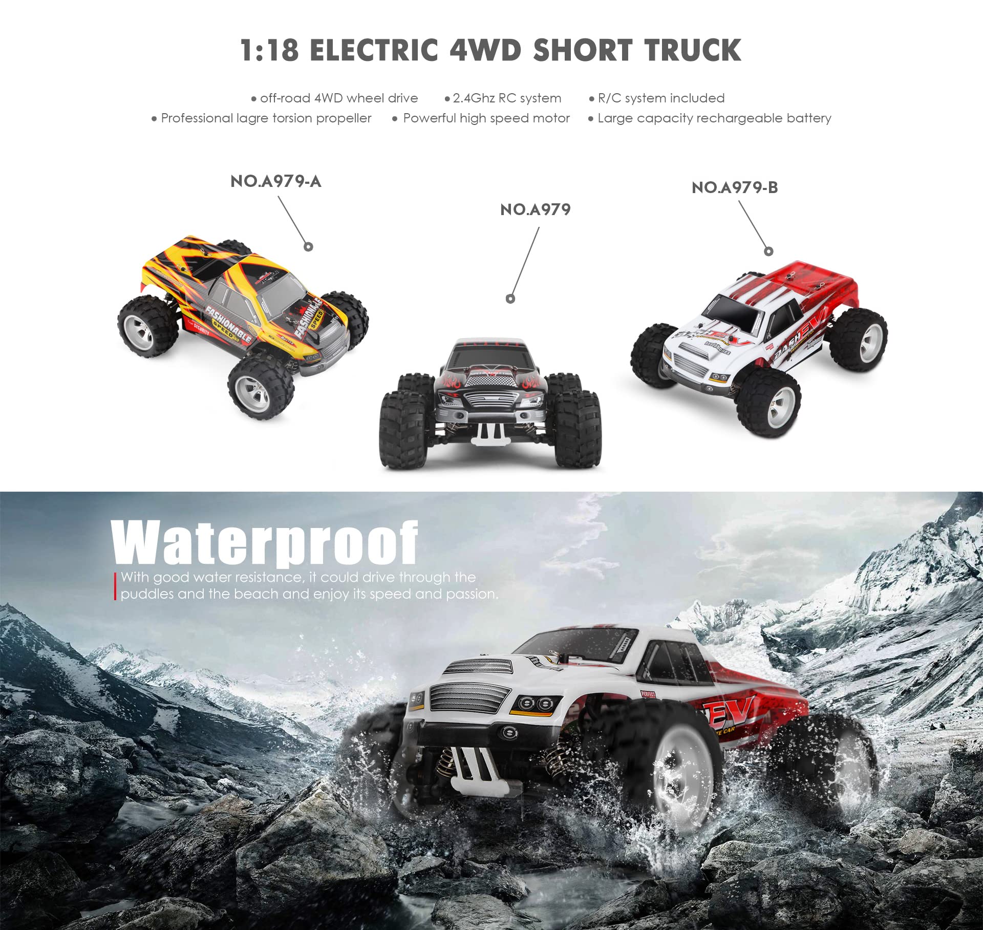 WLtoys A979 1:18 Scale High-Speed 4WD Remote Control RC Car - 2.4GHz Off-Road Waterproof Alloy Monster Truck for Boys & Adults - Perfect for Outdoor Racing, Backyard Adventures & Birthday Gifts (A979B 1B)