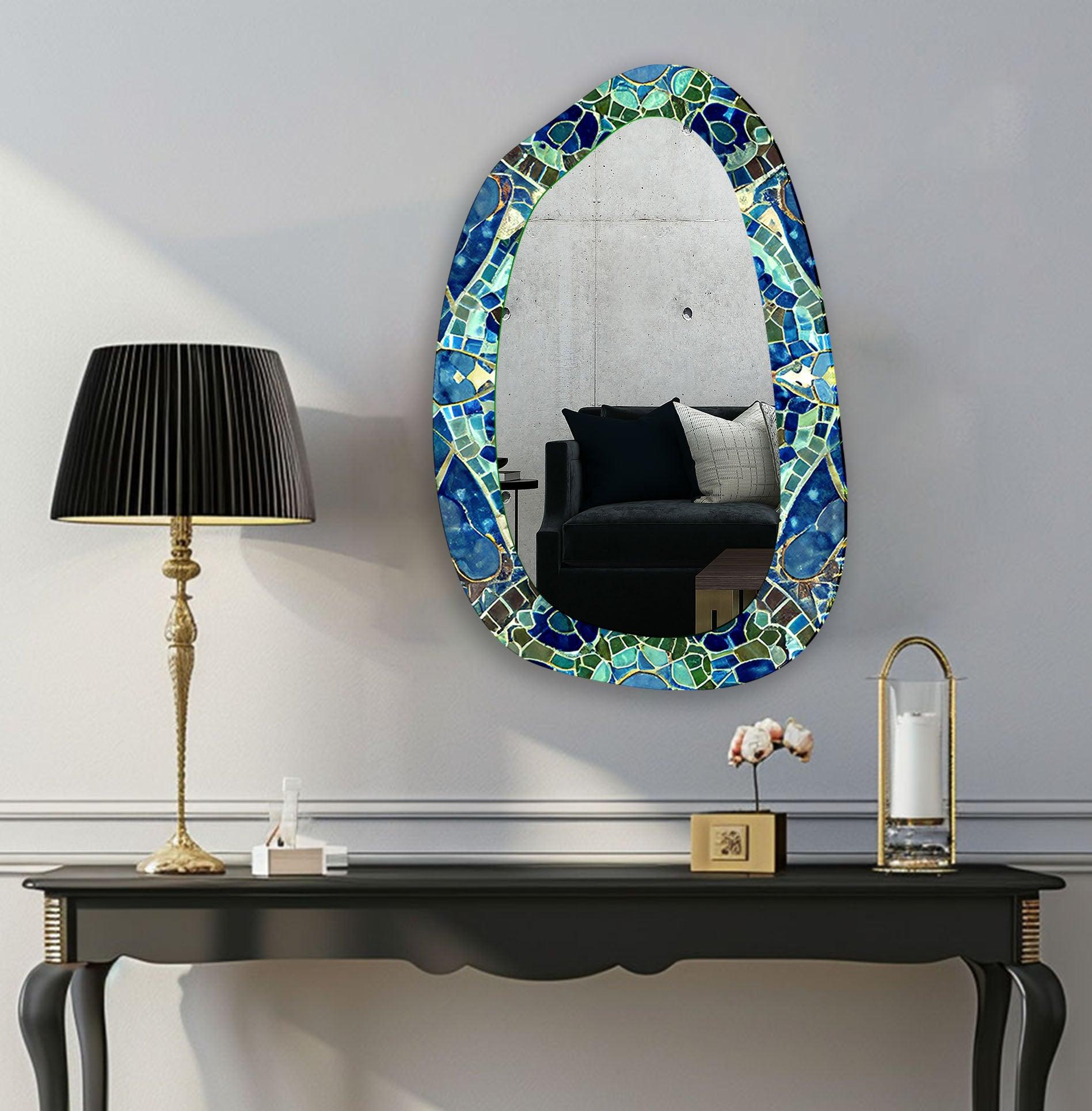 Blue & Green Mosaic Large Glass Wall Mirror - Elegant Home Decor for Living Room, Bedroom, or Entryway - Perfect for Adding Style and Brightness to Any Space
