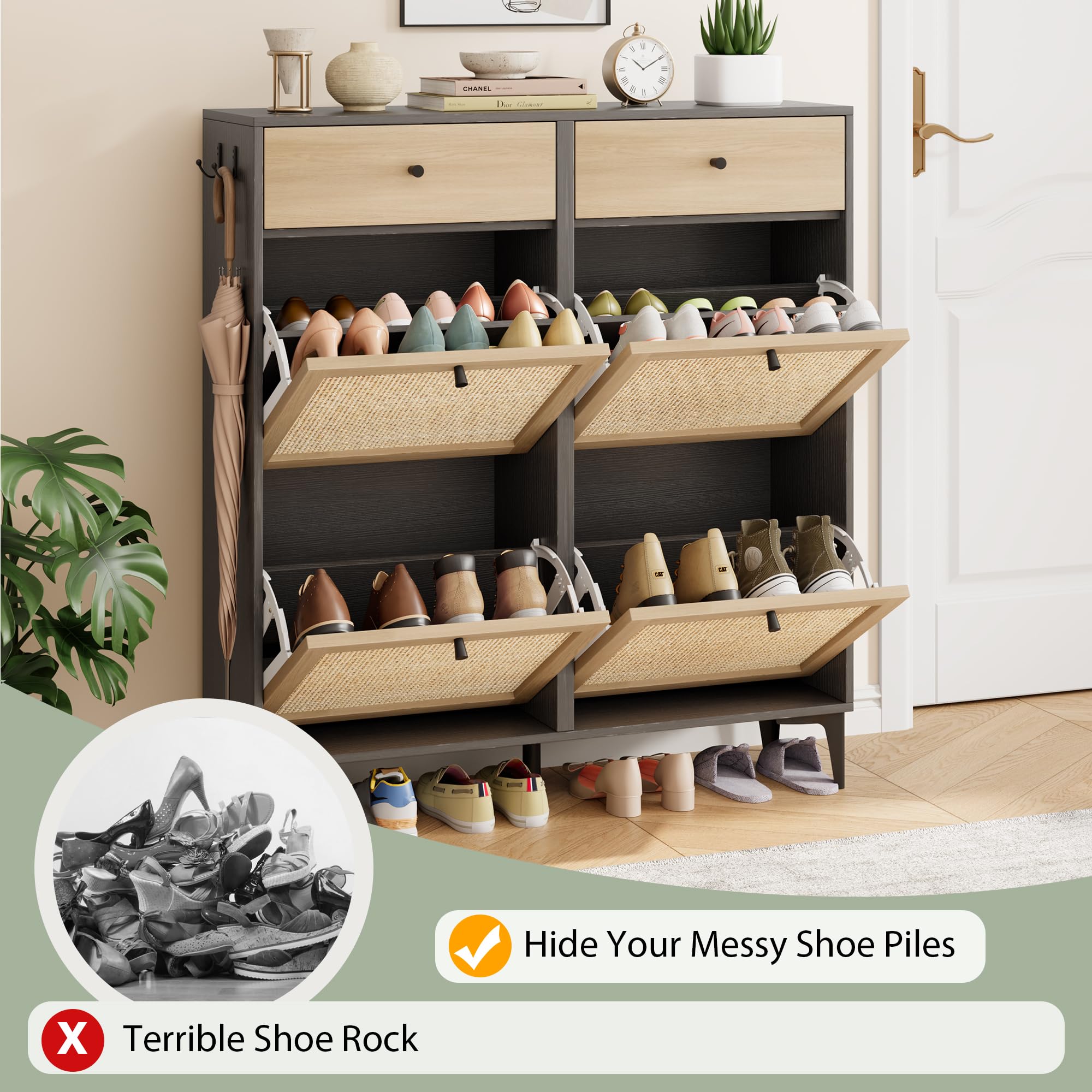 Black Rattan Shoe Cabinet with 4 Flip Drawers & 2 Drawers - Narrow Wooden Entryway Shoe Storage Organizer with Metal Legs | Freestanding Hidden Shoe Rack for Hallway, Bedroom or Closet Organization