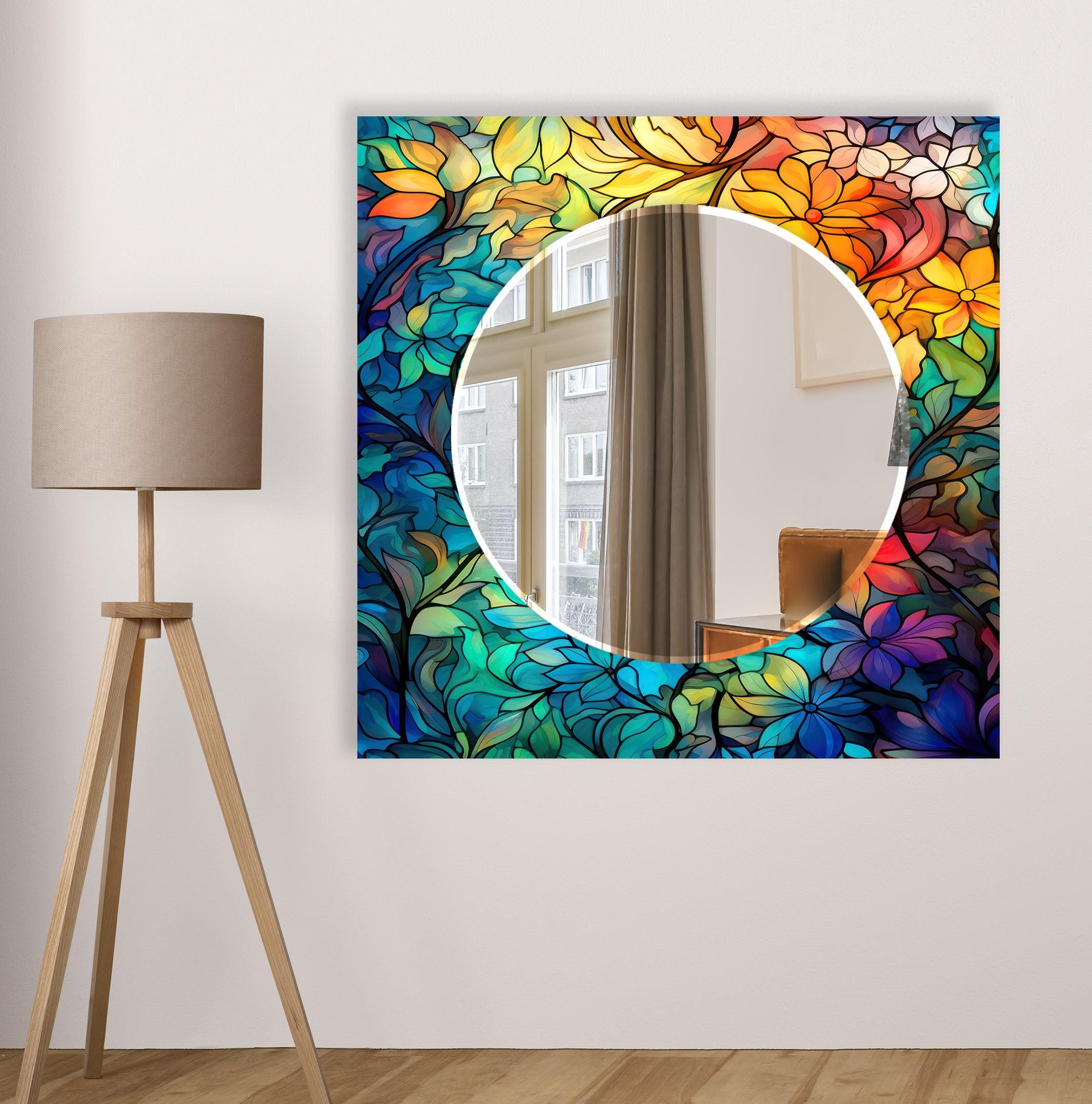 Blue & Orange Stained Glass Wall Mirror with Leaf Design - Elegant Home Decor for Living Room, Bedroom, or Entryway