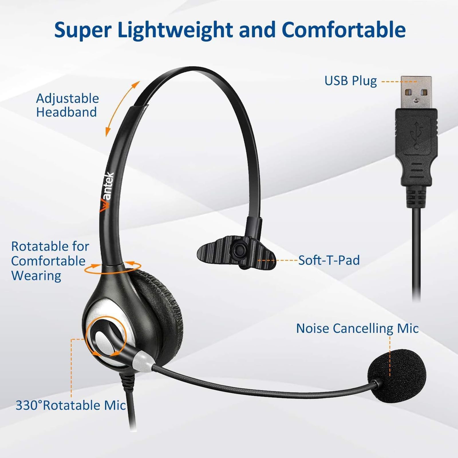 Noise Cancelling USB Headset with Microphone - Lightweight PC Headphones for Business, Home Office & Call Centers - Compatible with Zoom, Skype, Webinars - Clear Audio & Easy Controls for Online Meetings & Remote Work