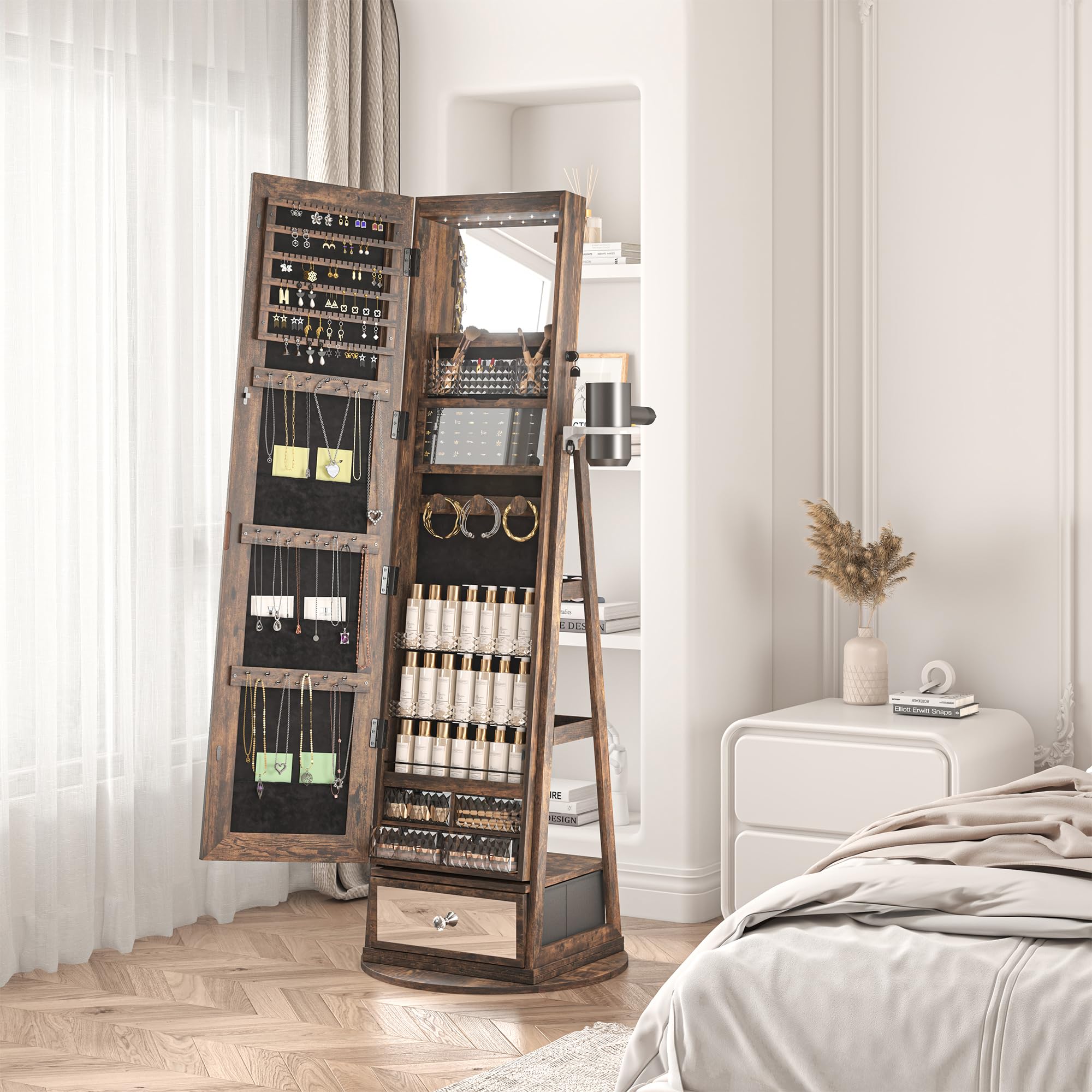 360° Swivel Jewelry Cabinet with Mirror - 6 LED Lights, Rotatable Full Length Mirror & Jewelry Storage Shelf | Standing Jewelry Armoire Organizer for Bedroom, Closet & Dressing Room Decor
