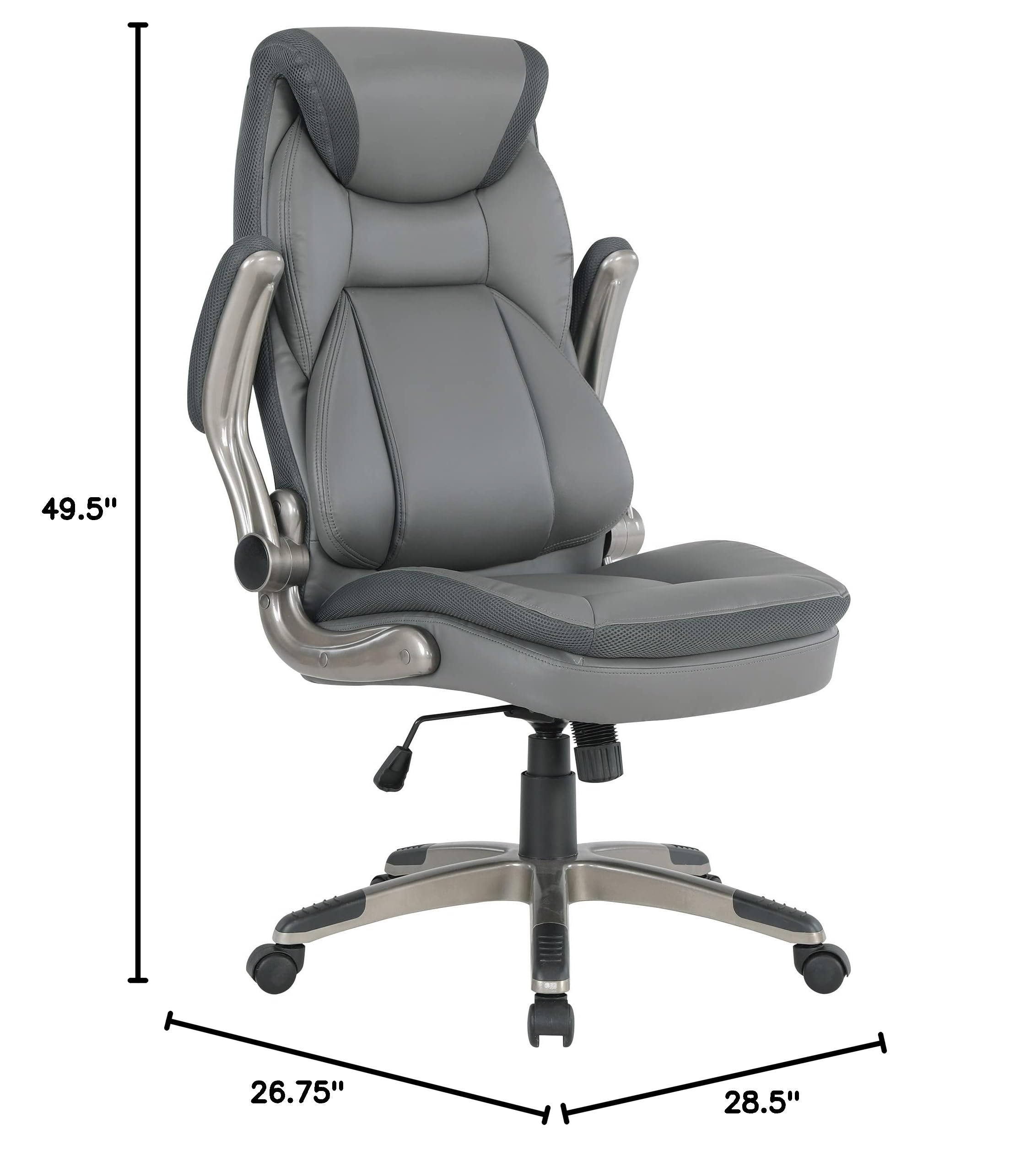 Office Star ECH Series Executive Bonded Leather Office Chair with Lumbar Support & Adjustable Arms - Charcoal with Titanium Base - Ergonomic Desk Chair for Home Office & Workspace